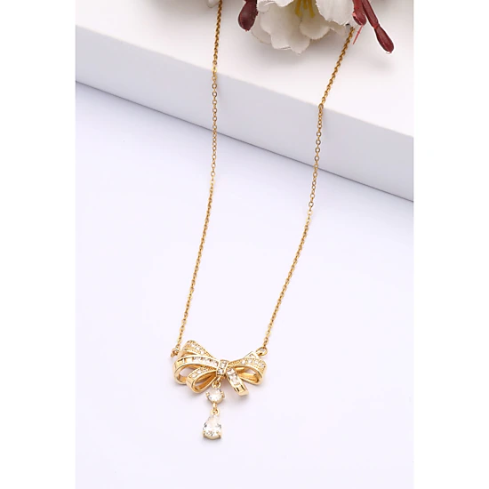 AGP PARIS Womens Golden Bow Pendant Necklace, Color: Gold-coloured