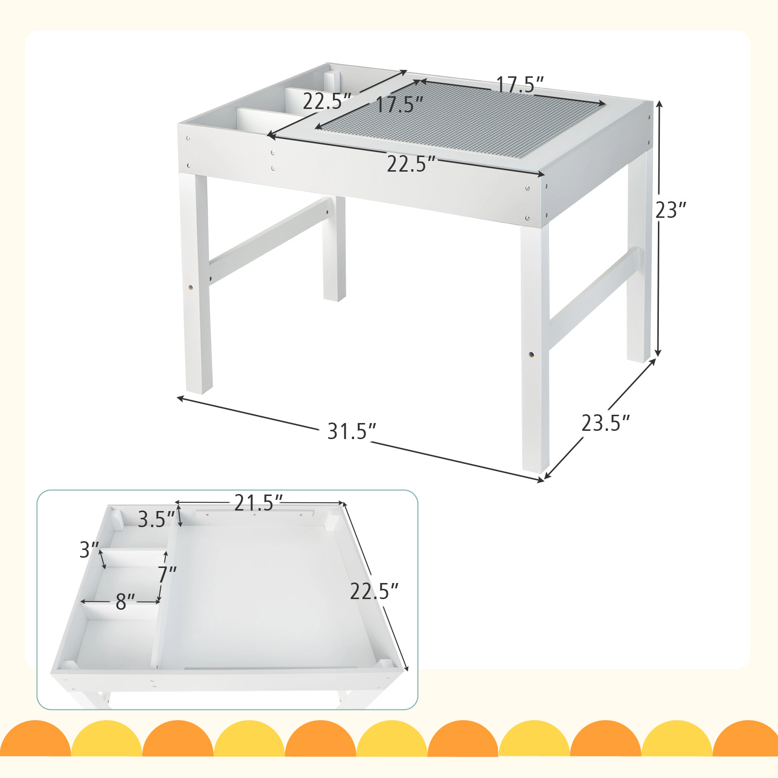 SUGIFT 3-in-1 Wooden Kids Table Storage & Double-Sided Tabletop 44-lb Lid Capacity Ages 3+ 31.5-in Wide White & Gray