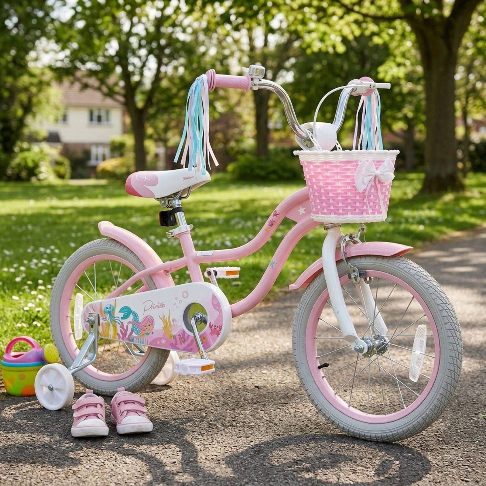 16-in Girls Kids Bike Removable Training Wheels Front Basket Ages 4-7 Pink Bicycle Mudguards 110-lb Seat Capacity