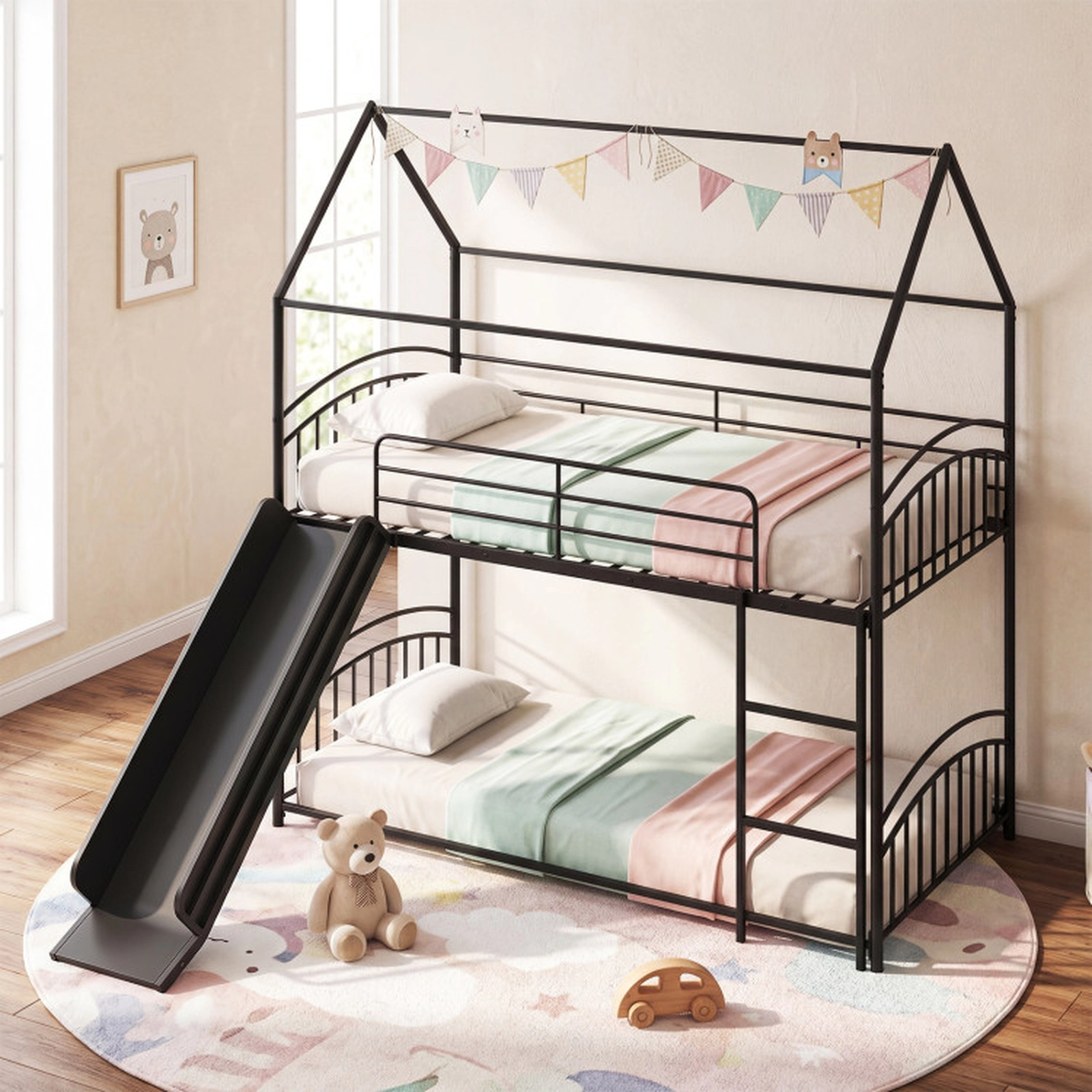 SUGIFT Black 54-in Slide Ladder and Metal Slats Twin Over Twin Kids House Bunk Bed