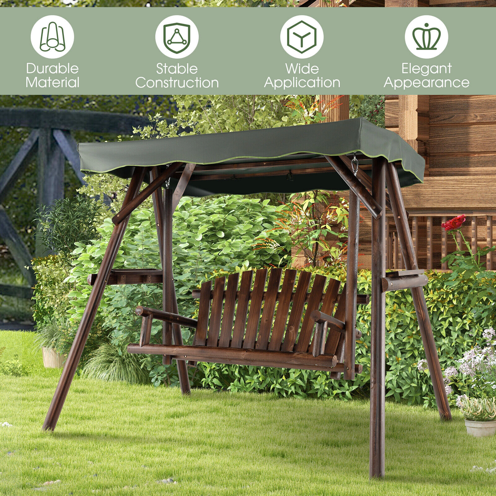 SUGIFT 2-Person Fir Wood Porch Swing with Adjustable Canopy and Side Table, 530 lb Capacity