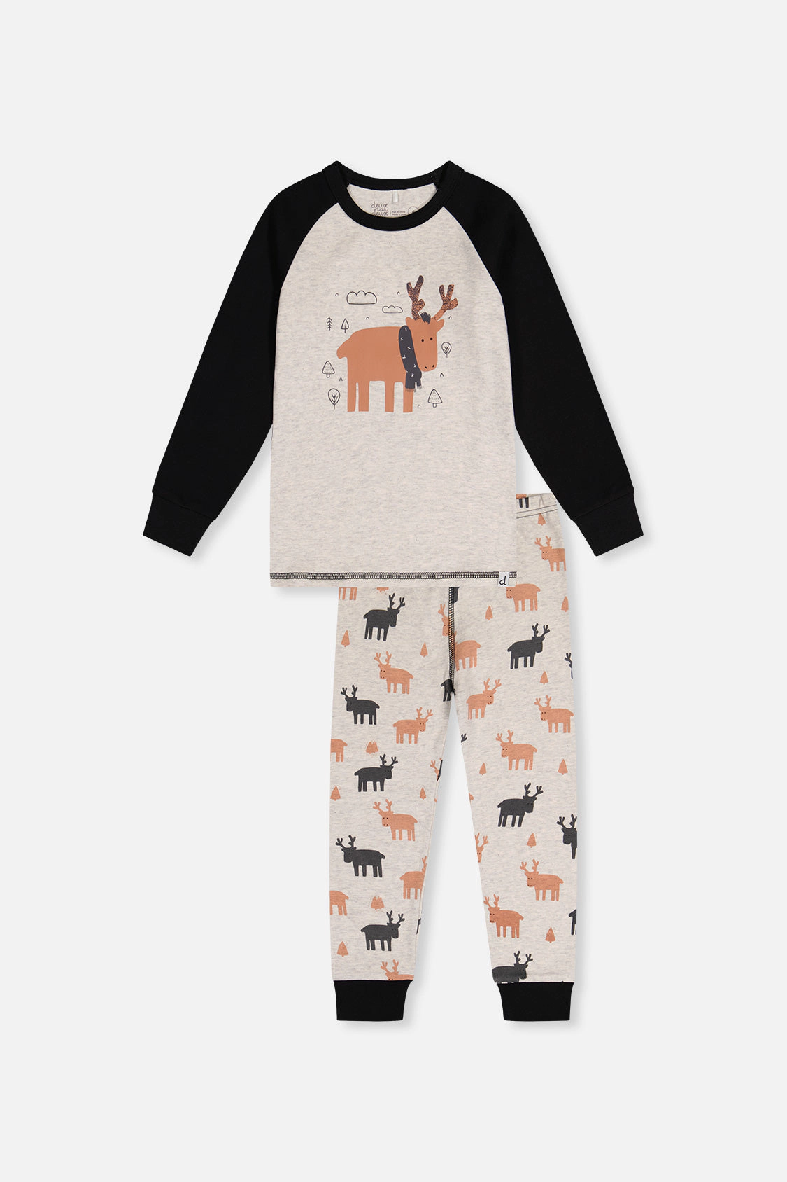 Deux par Deux Boys Organic Cotton Elk Print Two Piece Pajama Set with Raglan Sleeve Top and Waist Pants