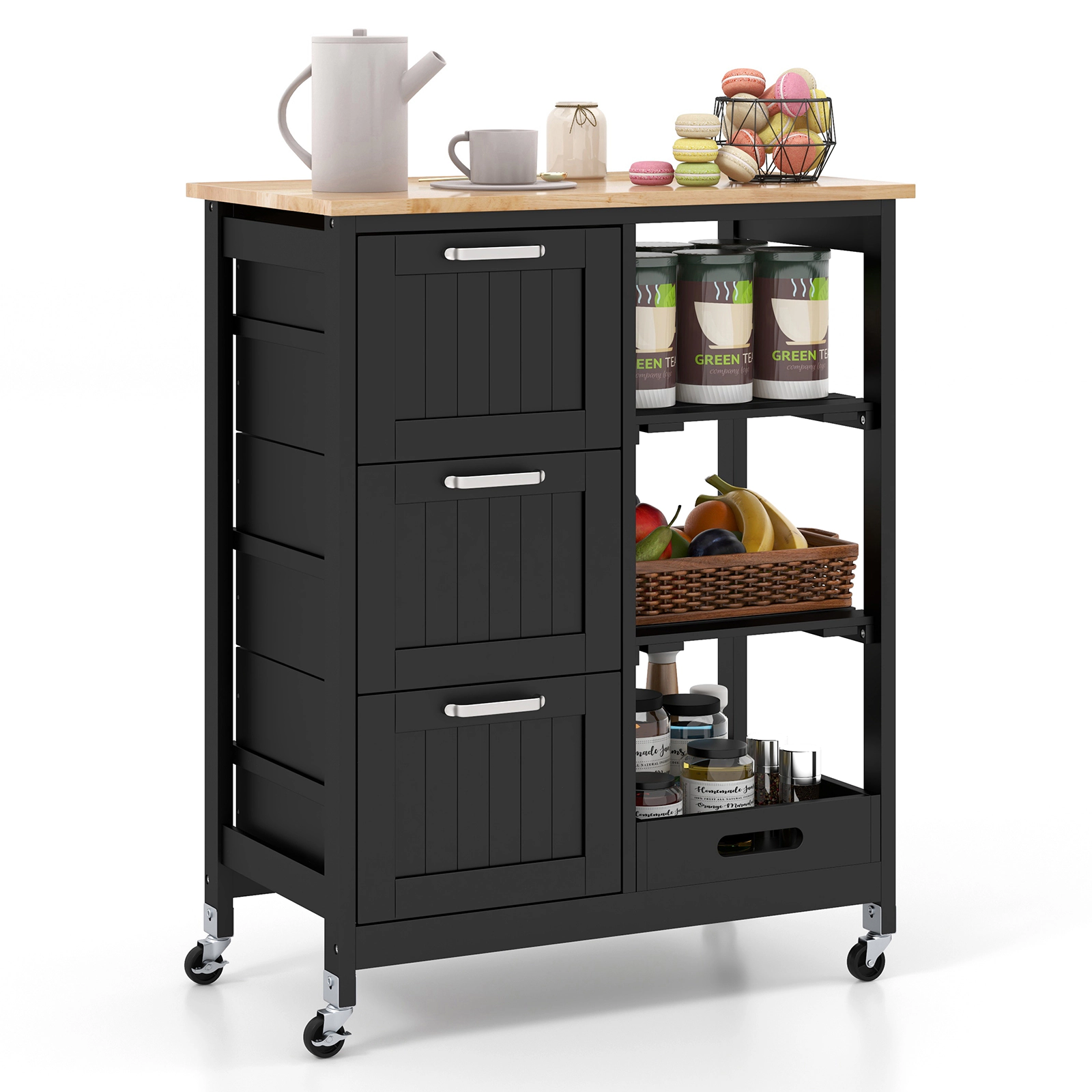 SUGIFT Rolling Kitchen Island Utility Storage Cart with 3 Large Drawers and Open Shelves 44-lb Countertop Capacity Black