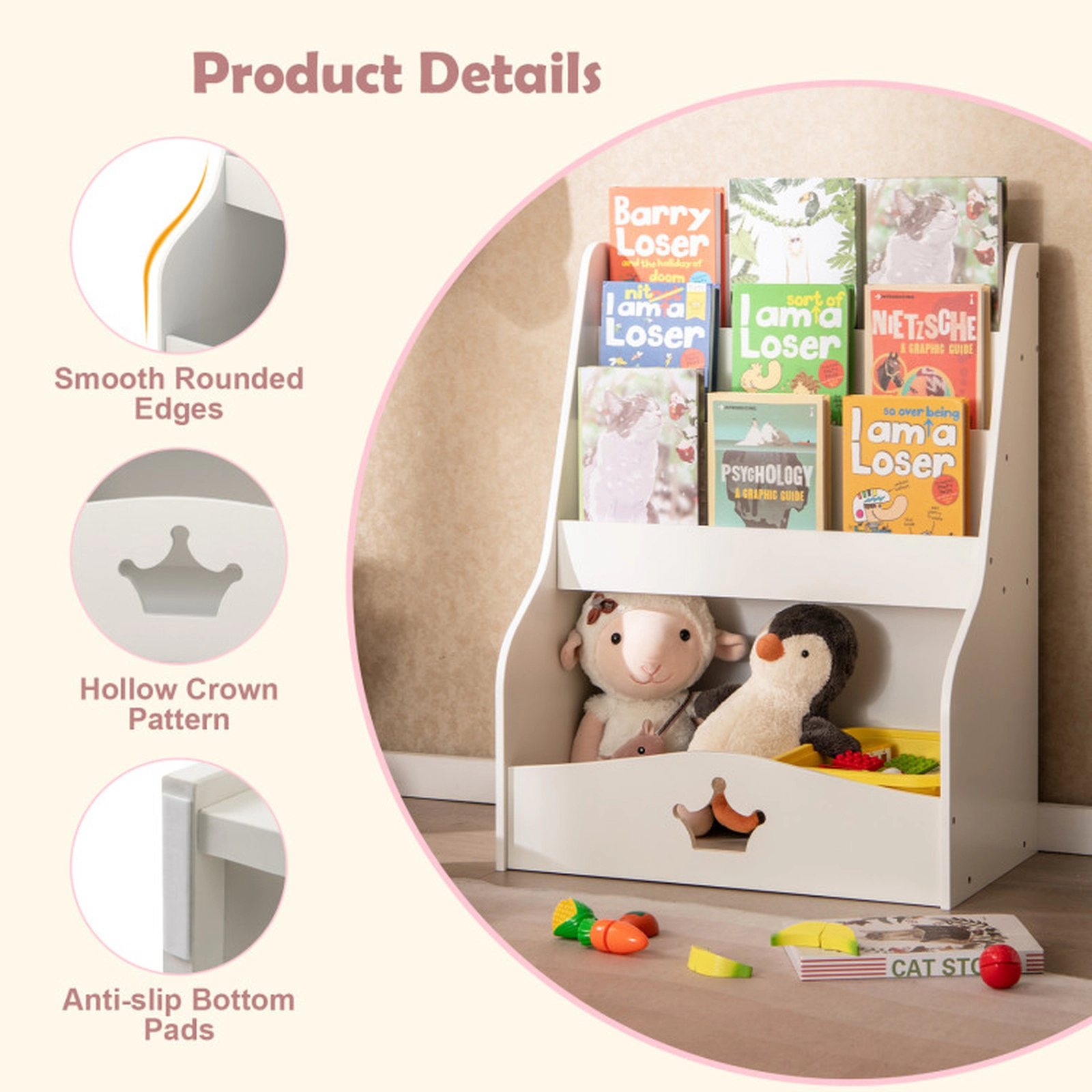 SUGIFT Kids 4-Tier MDF Open Compartment Toddler Bookshelf 24.5-in x 14-in x 31.5-in 80-lb Capacity Ages 3+ White
