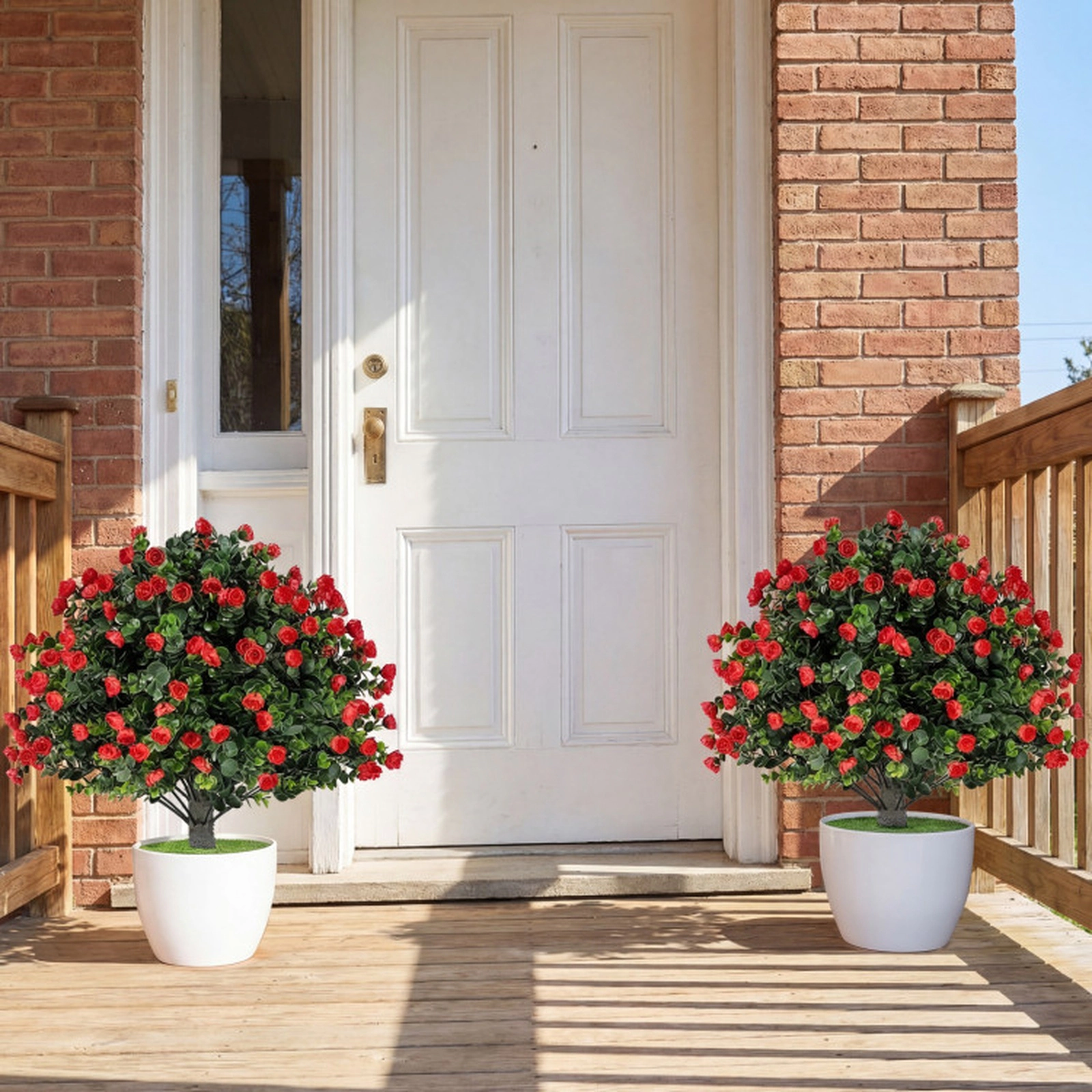 SUGIFT Set of 2 20-in Artificial Red Rose Topiary Ball Trees with Faux Grass and Cement-Filled Pots