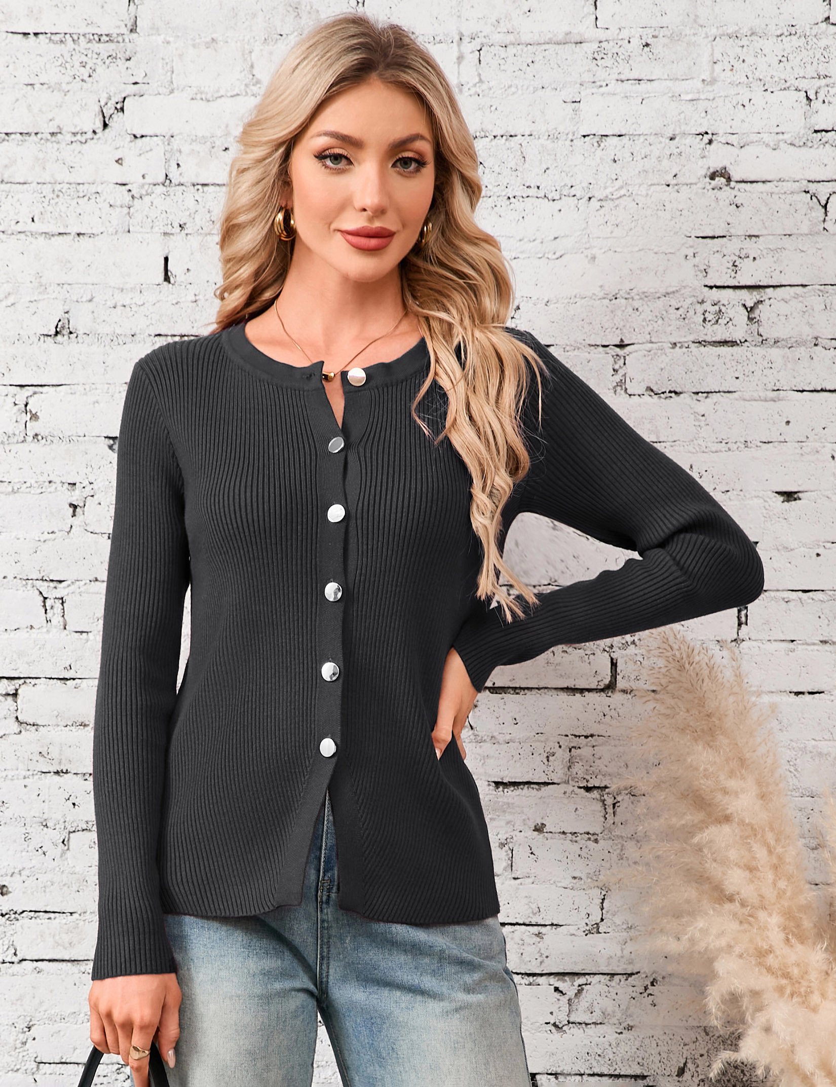 KOJOOIN Women's Ribbed Knit Cardigan Crew Neck Long Sleeve Button Down Slim Fit Top Coat