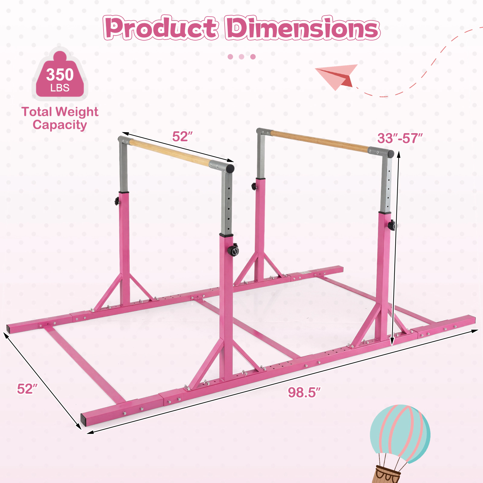SUGIFT Kids Pink 8-ft Double Gymnastics Bars with 13-Level Height 98.5-in W 52-in D 350-lb Total Capacity