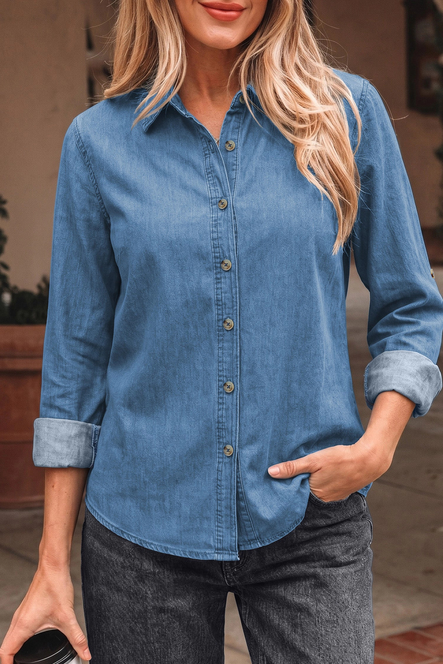 19092 Makenna Myosotis Slim Denim Shirt - Lightweight Cotton, Roll-Tab Sleeves