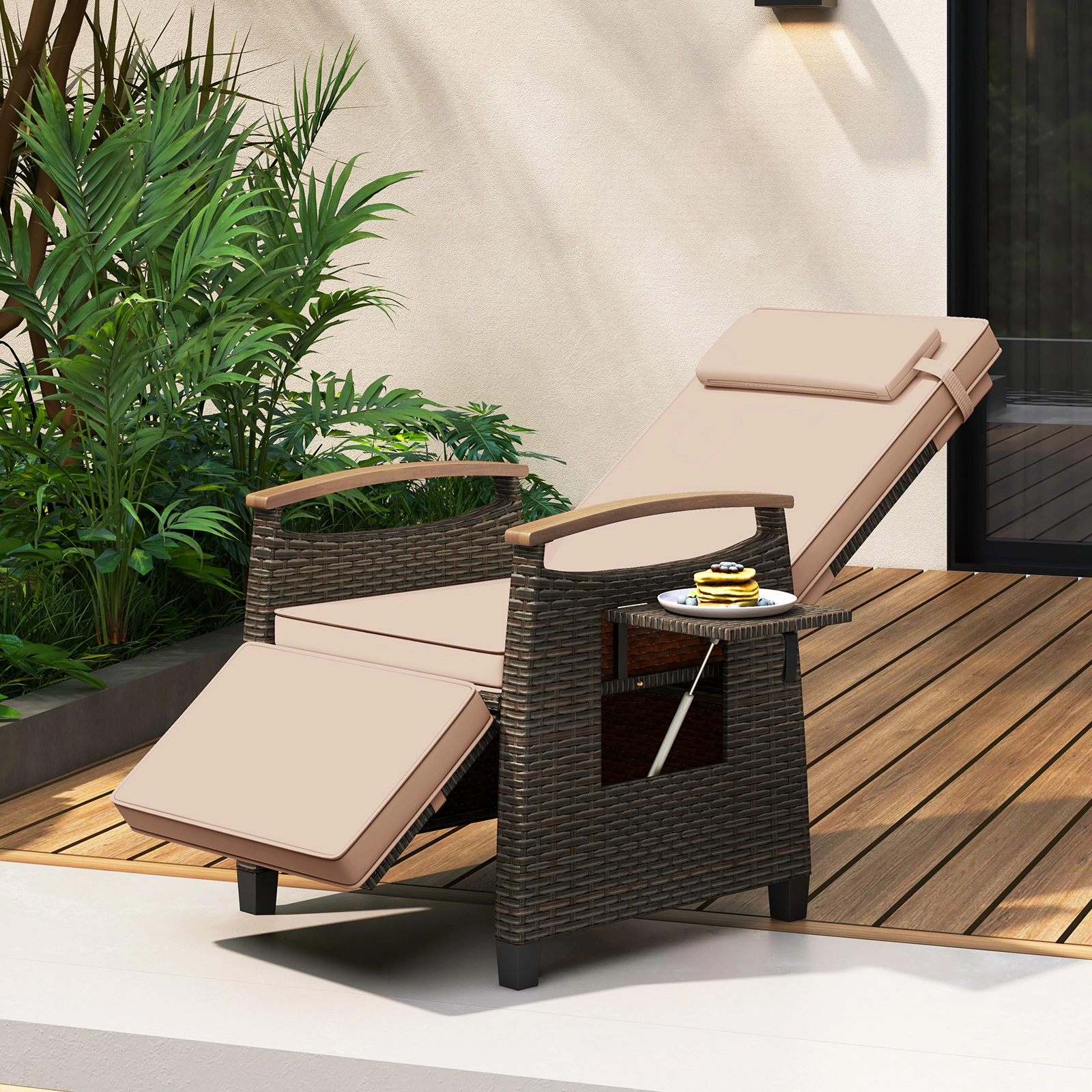 SUGIFT Brown PE Rattan Reclining Patio Chair with Footrest, Headrest and Arm Tray