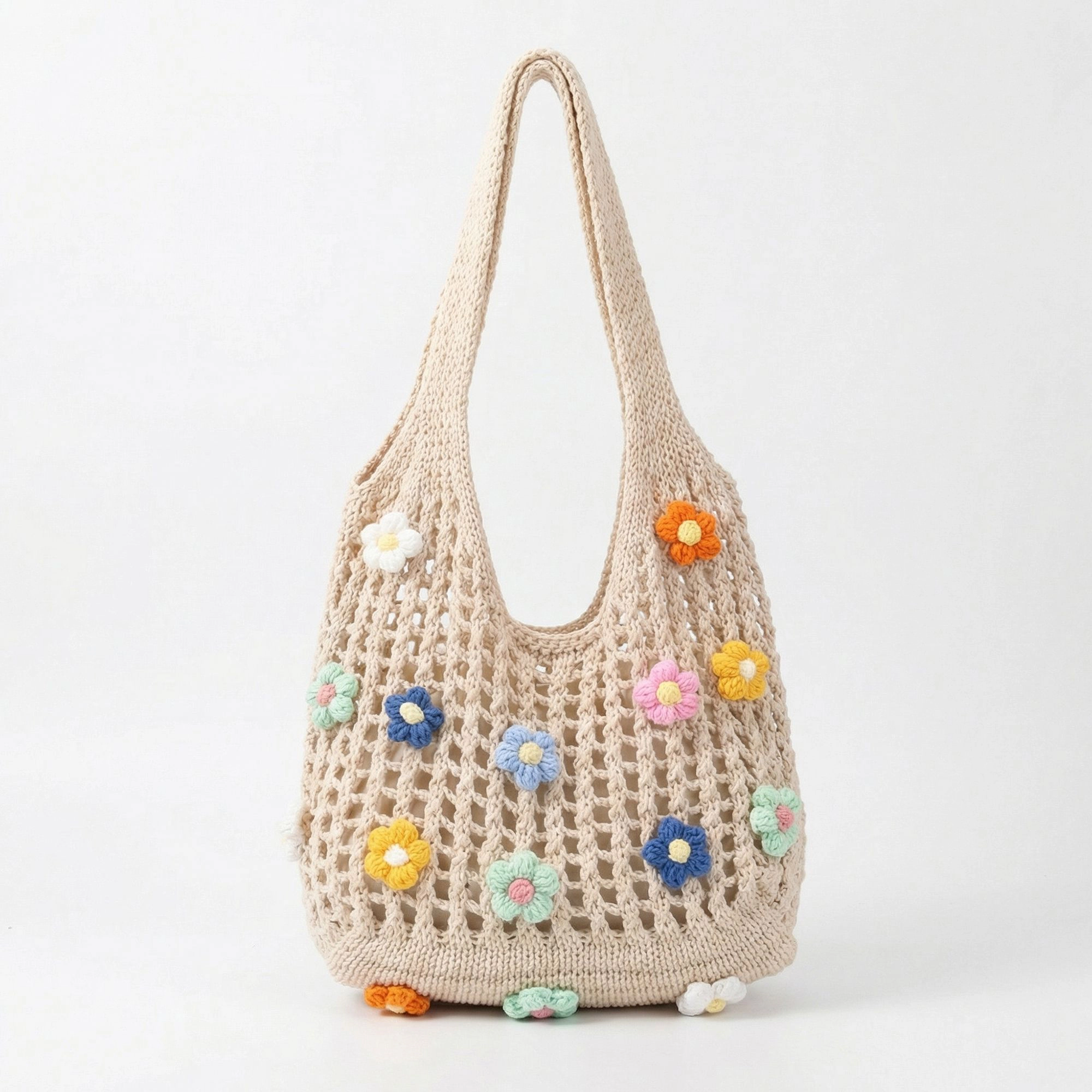 Alilang Women Crochet Shoulder Tote Bag Floral Applique Lightweight Slouchy Handbag, Light Beige
