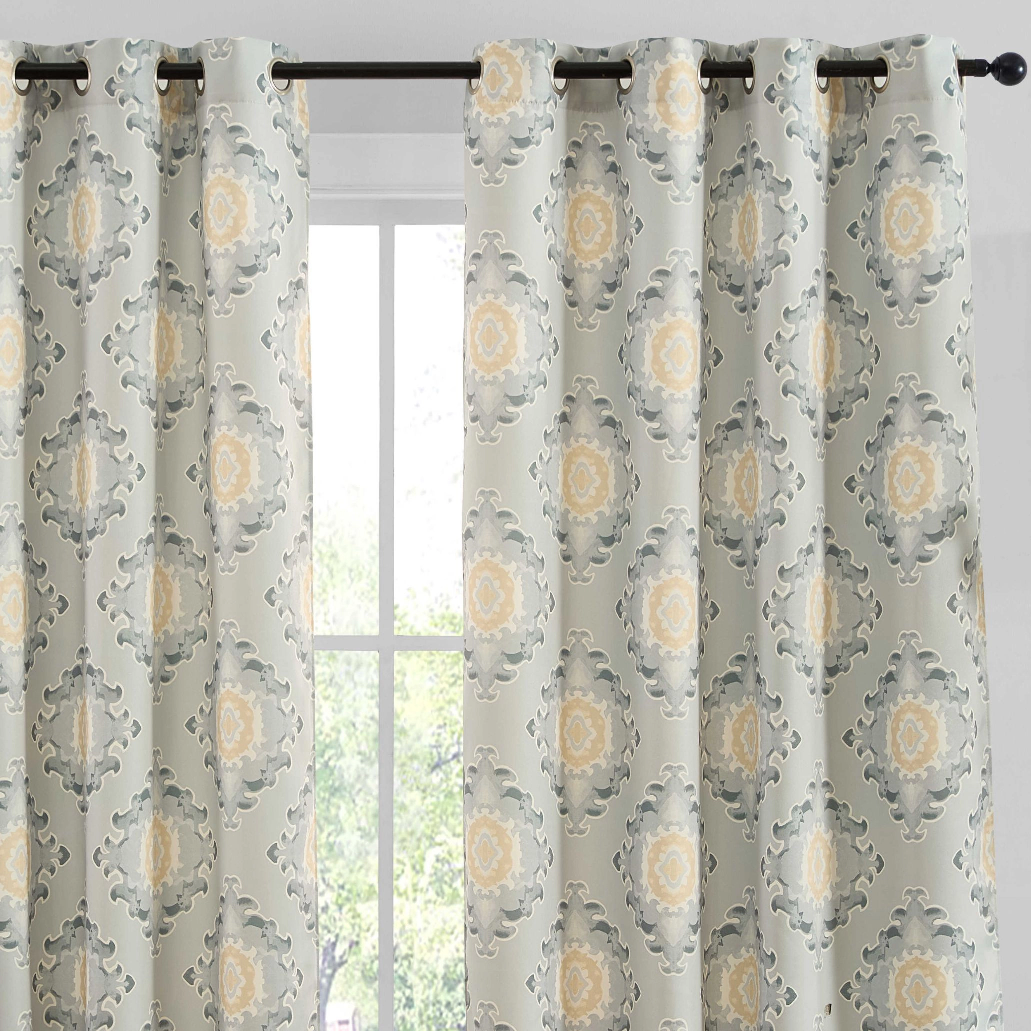 HLC.ME Liam Ogee Ikatt Damask Patterned Window Grommet Curtains - Light Blocking Darkening Panels, Set of 2