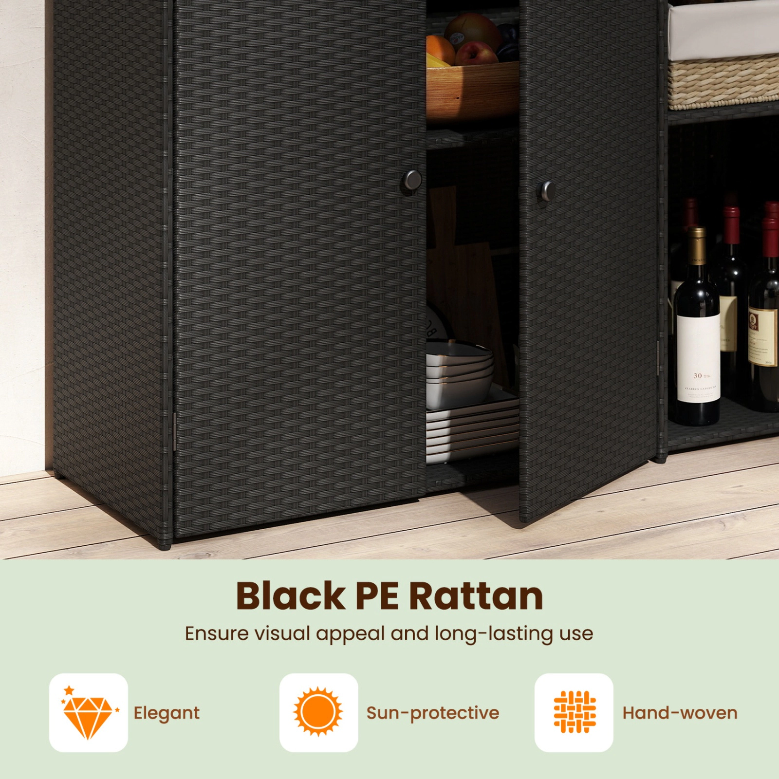 SUGIFT 48-in 3-Door 110-lb Countertop PE Wicker Rattan Outdoor Storage Cabinet with Drawer and 2 Shelves