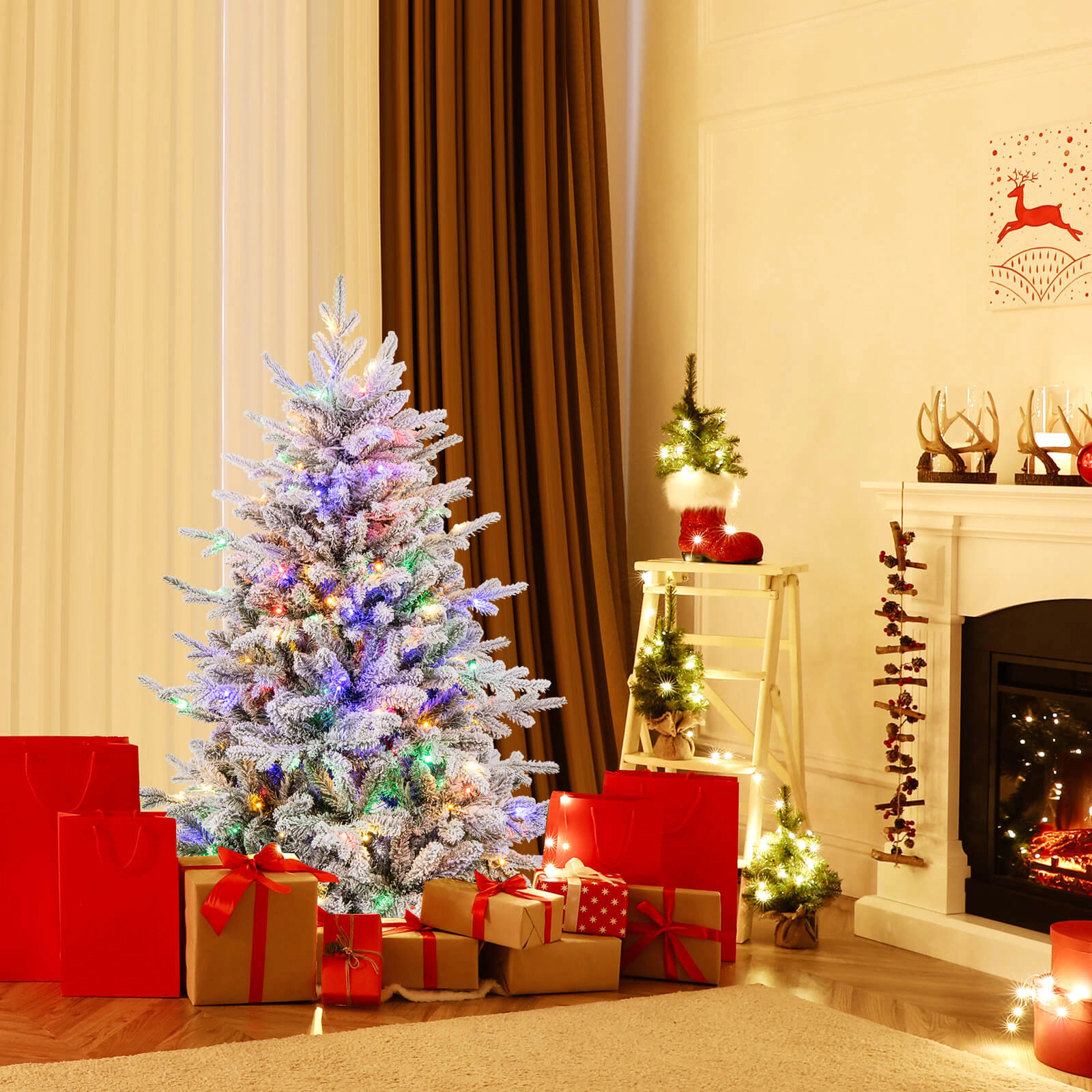 Costway 4.5/6/7 FT Flocked Christmas Tree with 8 Lighting Modes 160 Multi-Color LED Lights