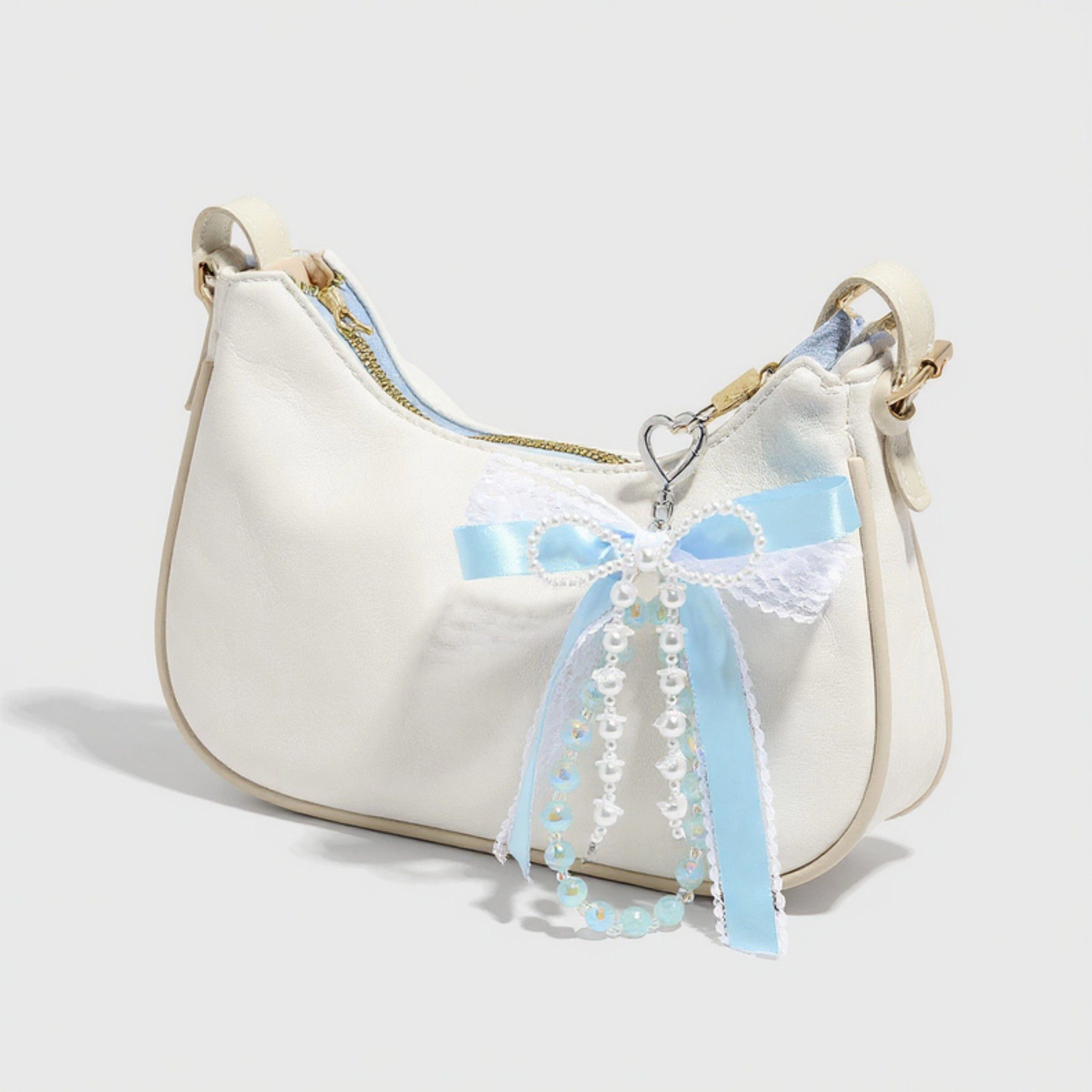 Alilang Women's Blue Ribbon Keychain with Pearl Bow and Iridescent Beaded Star Charms