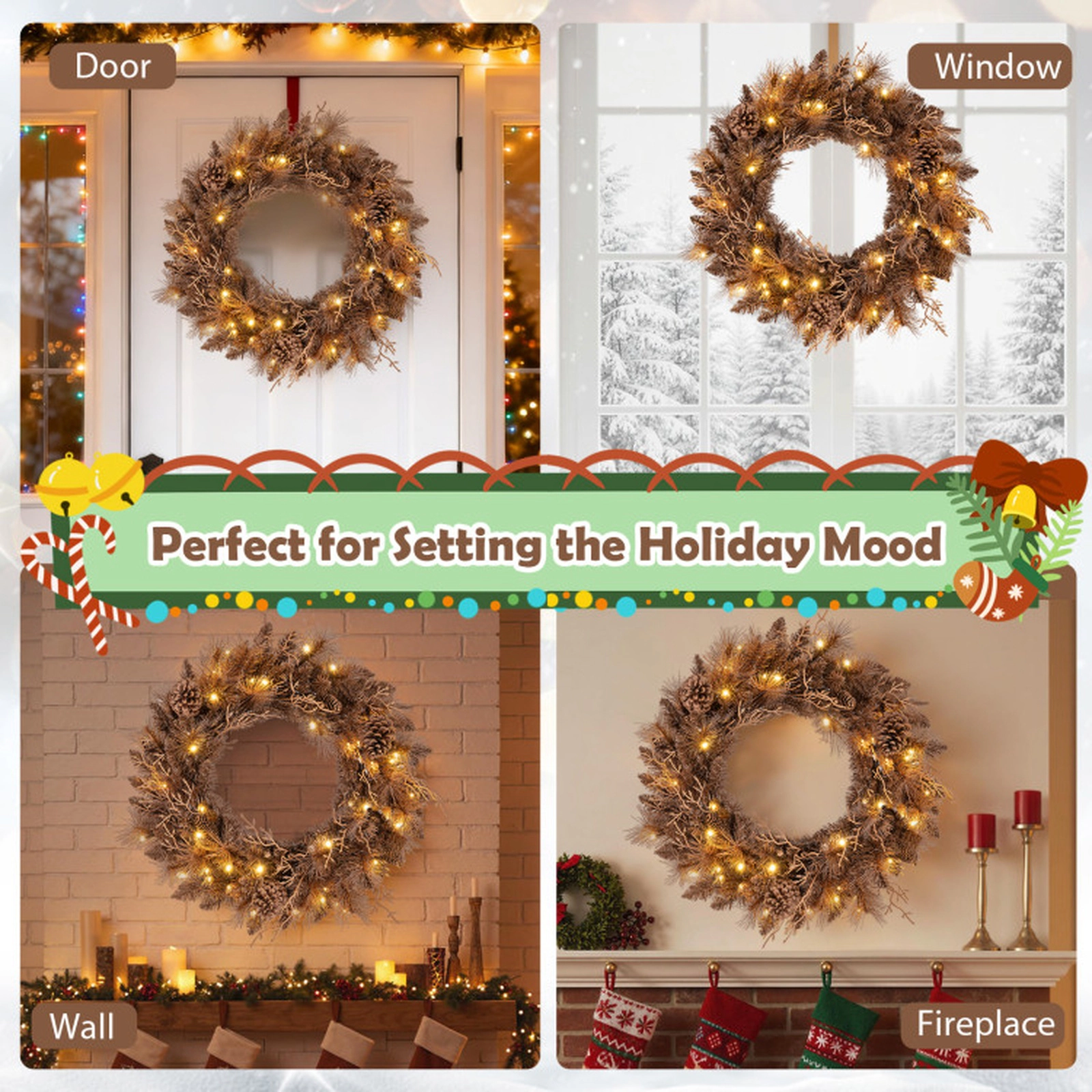 SUGIFT Brown 24-in Pre-Lit Christmas Wreath with 35 Warm White LED Lights 105 Branch Tips and 6 Pine Cones