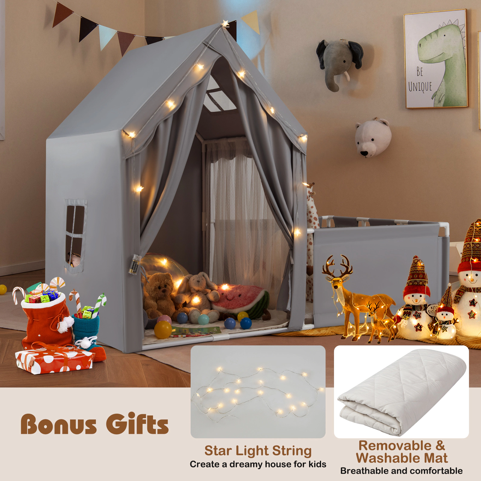SUGIFT Gray Attached Playpen Toddler Playhouse and Star Lights 2-in-1 Kids Play Tent