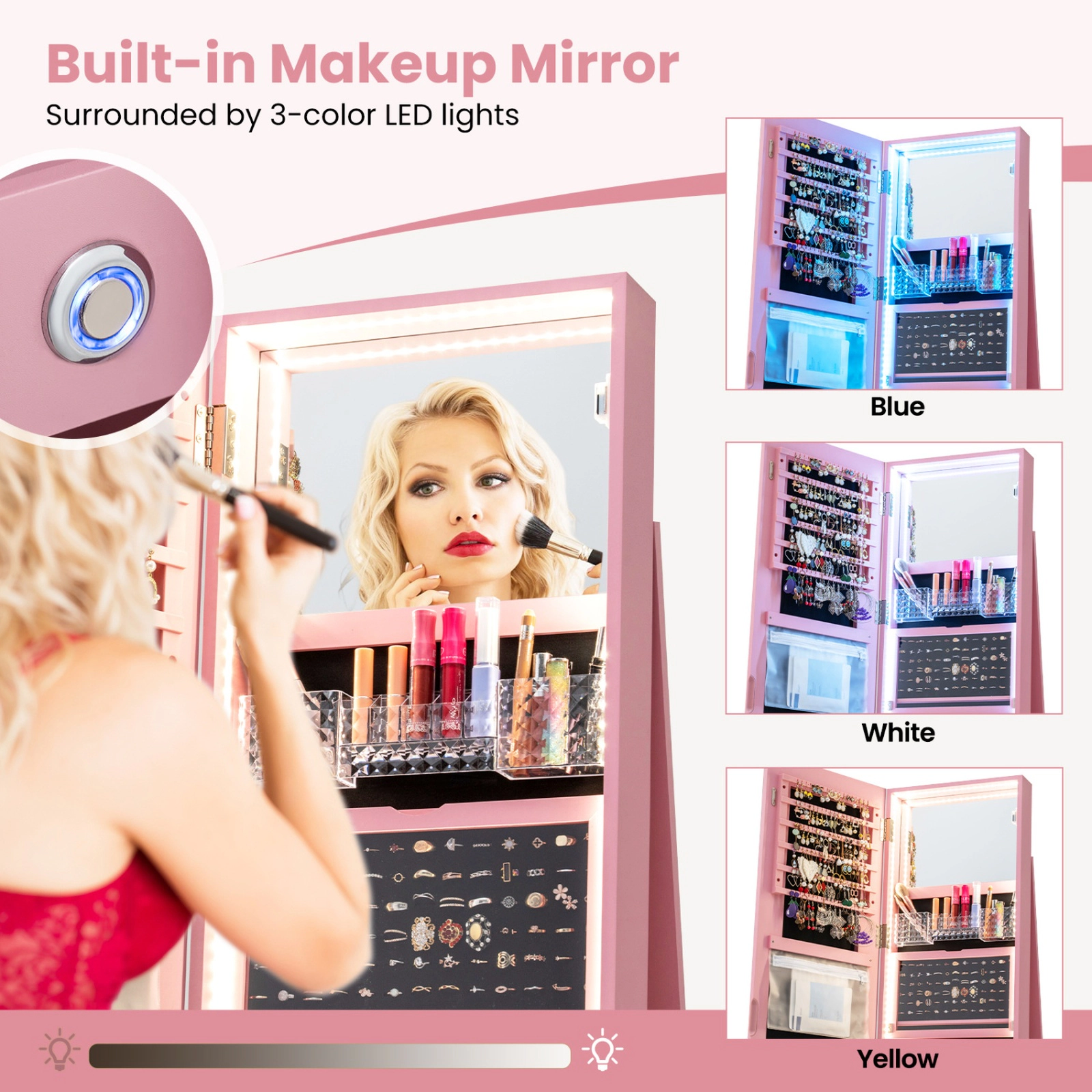 SUGIFT 63-in Pink Lockable Standing Jewelry Armoire Cabinet with LED Full-Length Mirror and Rotating Base