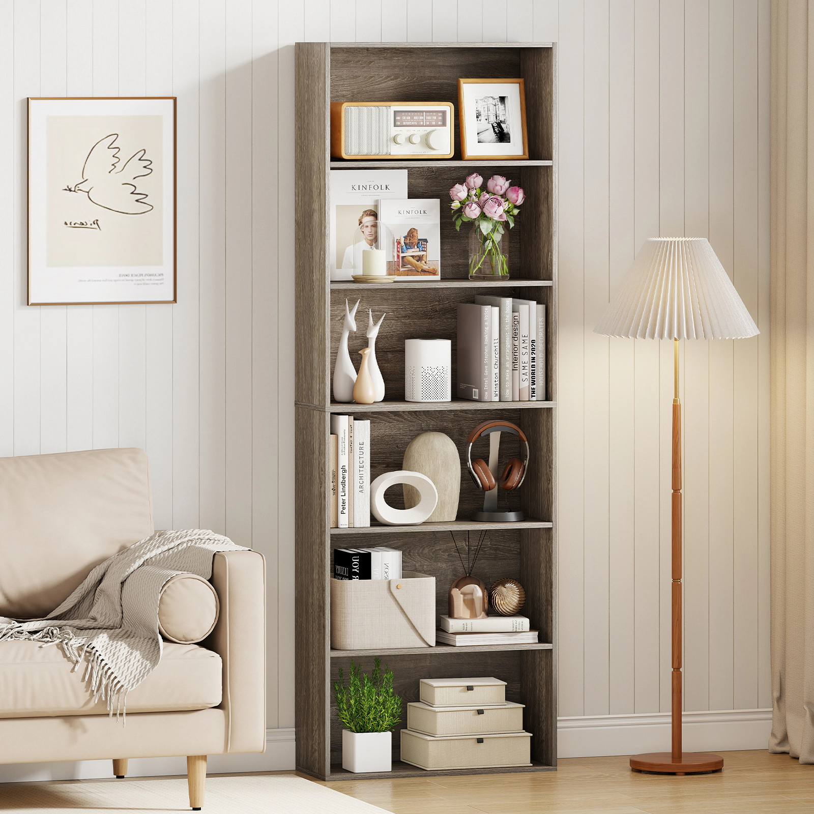 SUGIFT 6-Tier Bookcase with 6 Open Shelves 200-lb Total Capacity Black/White/Rustic Brown/Natural/Wood