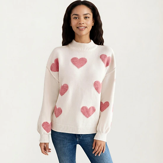 Anna-Kaci Women's Long Sleeve Valentine Knit Sweater with Heart Pattern and Ribbed Trim