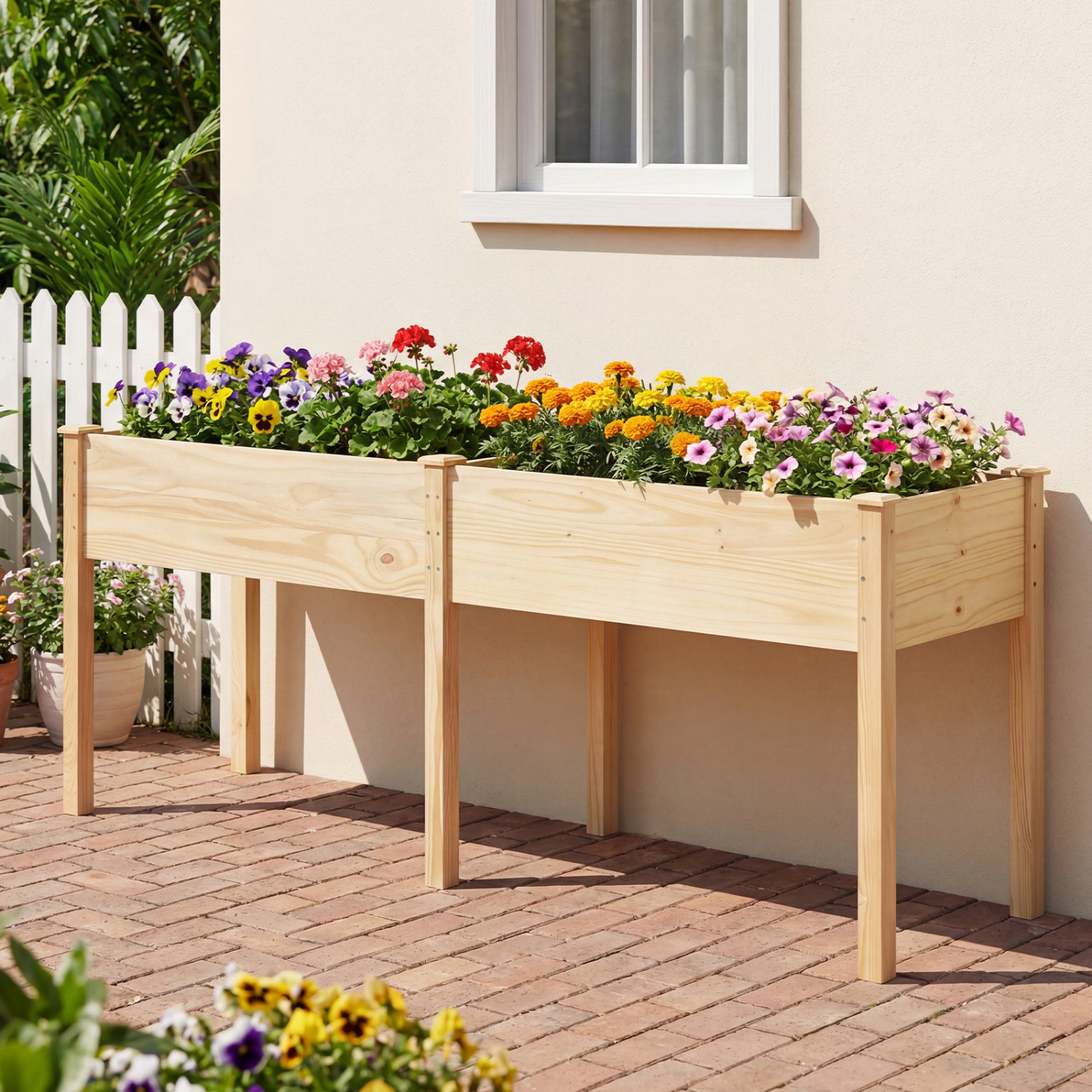 LJG Fir Wood Outdoor Raised Garden Bed with Divider Panel and Drainage Holes