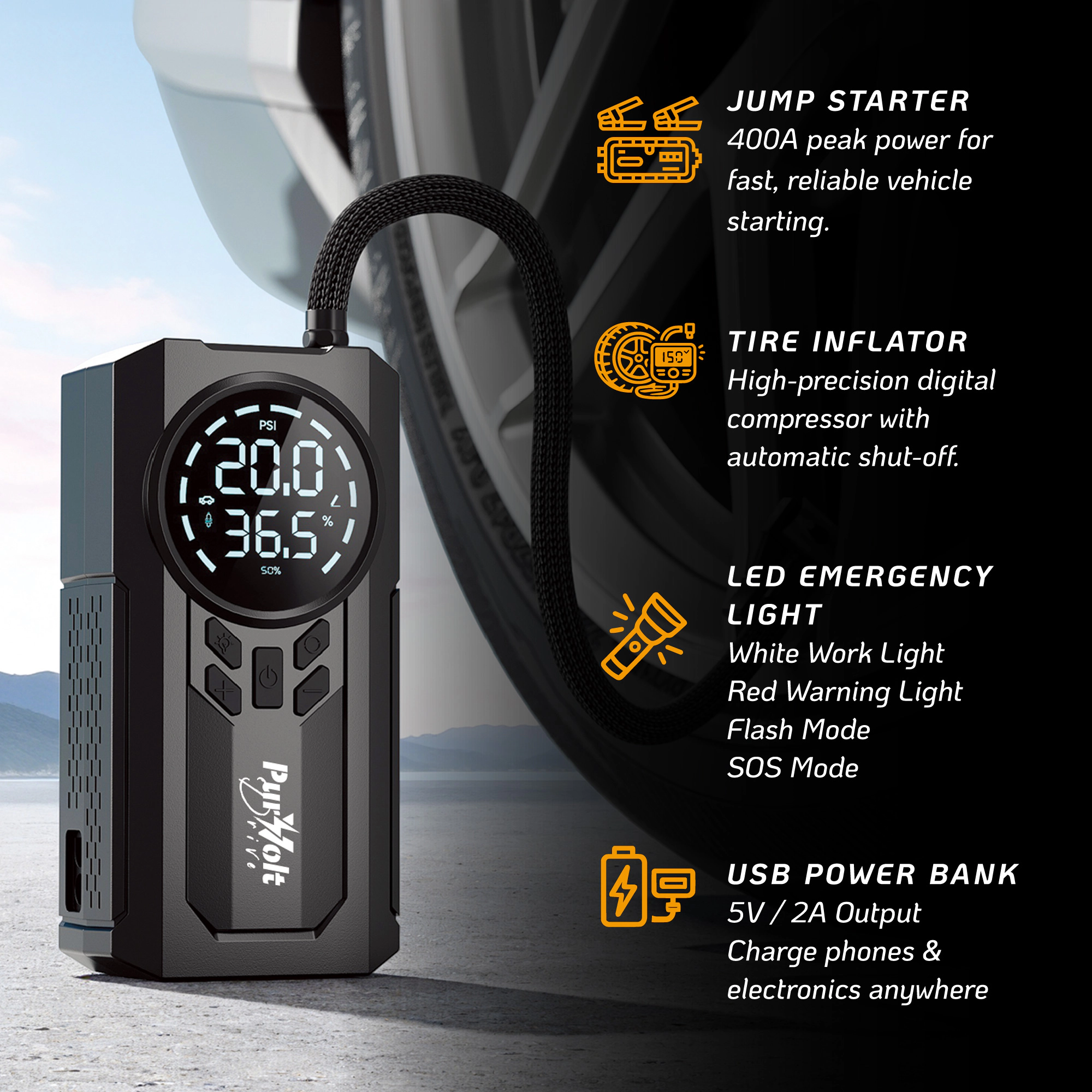 Purvolt Unisex Portable 2-in-1 Car Jump Starter & Tire Inflator with 400A Battery Booster & 150 PSI Air Compressor