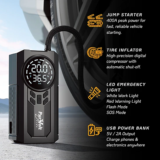 Purvolt Unisex Portable 2-in-1 Car Jump Starter & Tire Inflator with 400A Battery Booster & 150 PSI Air Compressor