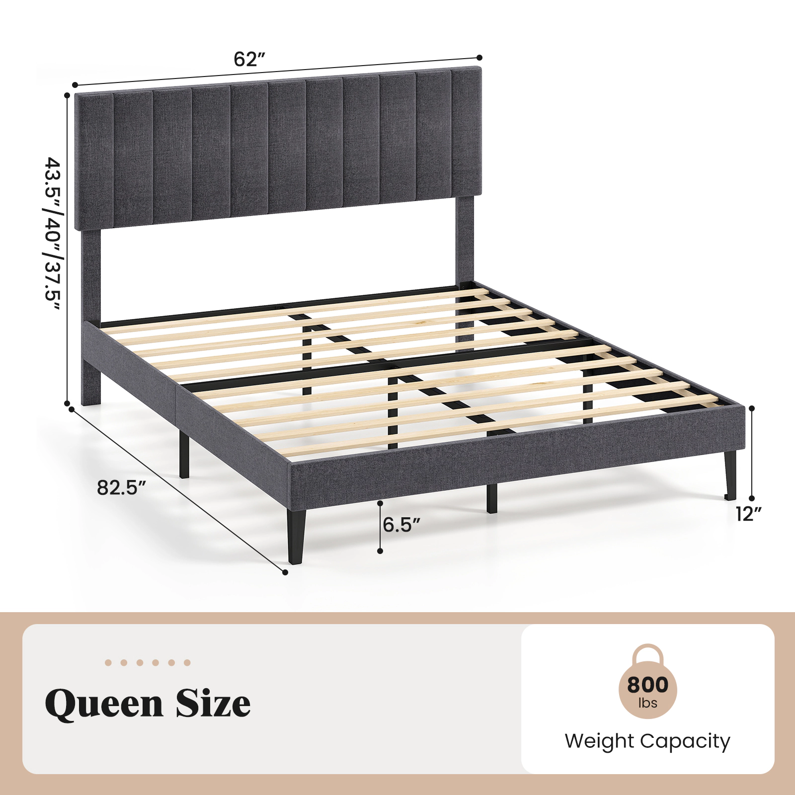SUGIFT Gray Vertical Channel Headboard Queen Size Velvet Upholstered Platform Bed