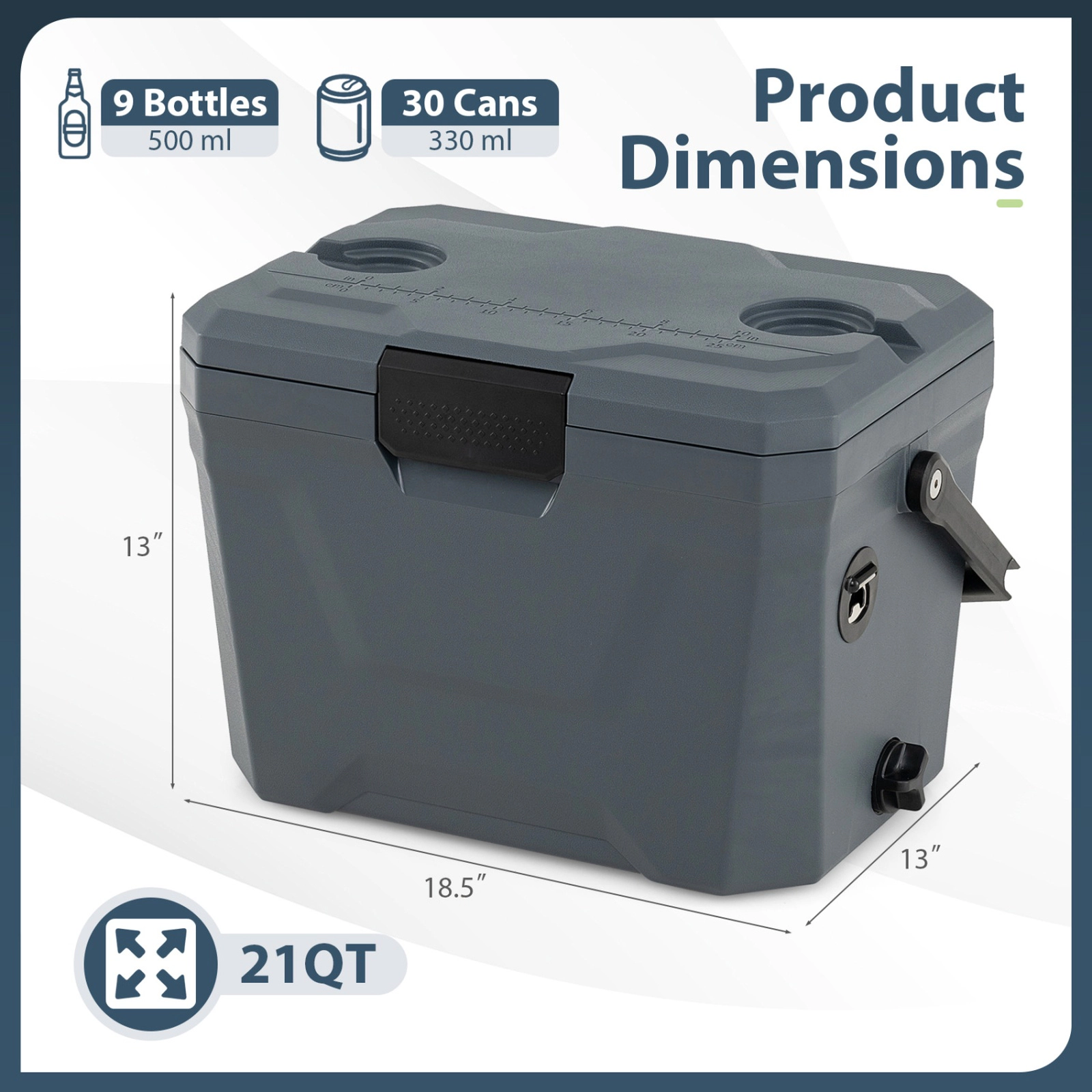 SUGIFT Triple-Layer Insulated Hard Shell Cooler Ice Chest 110-lb Capacity 21-Qt with 2 Cup Holders Blue/Gray/Pink/Tan
