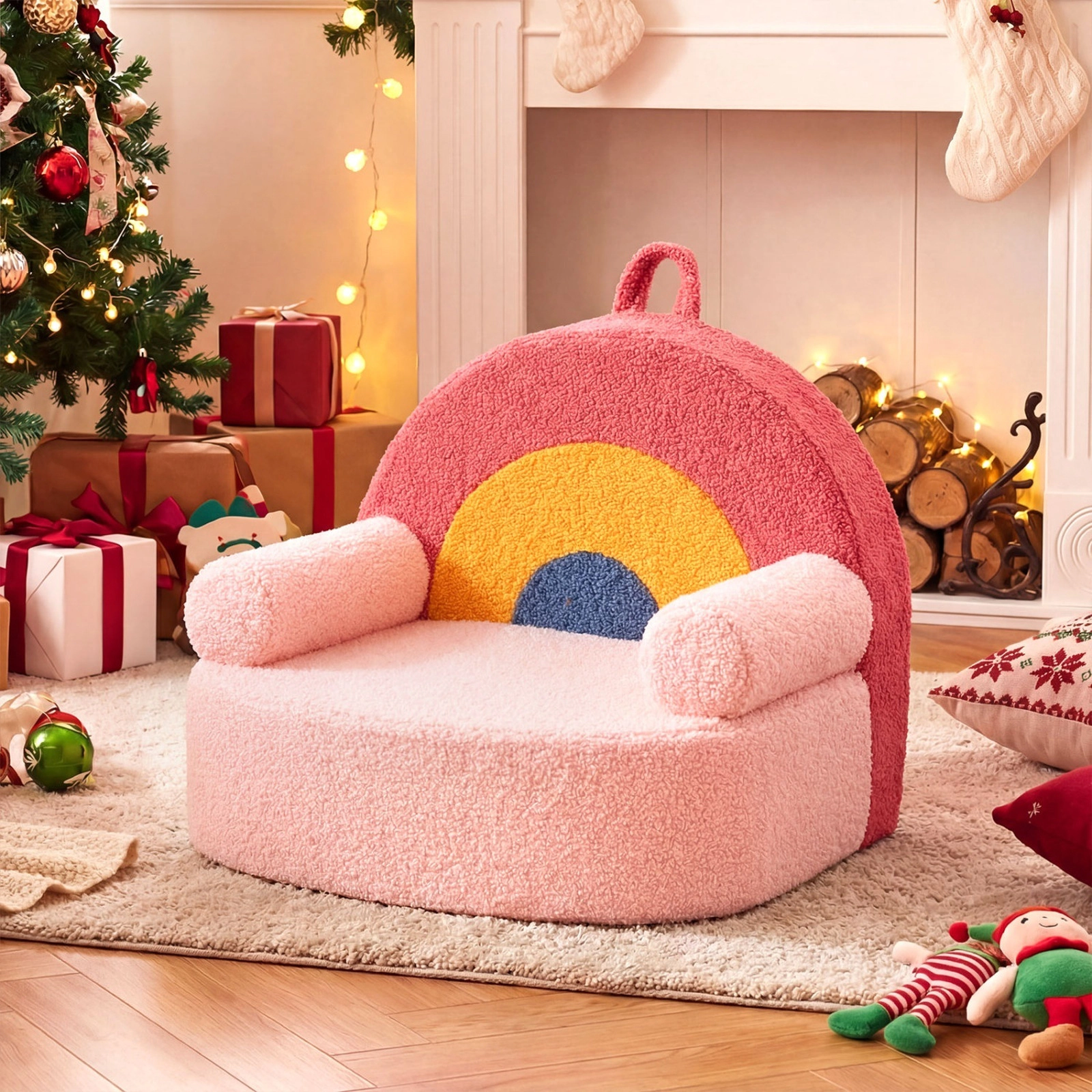 SUGIFT Red Teddy Fleece Toddler Foam Couch with Side Pocket and Washable Cover