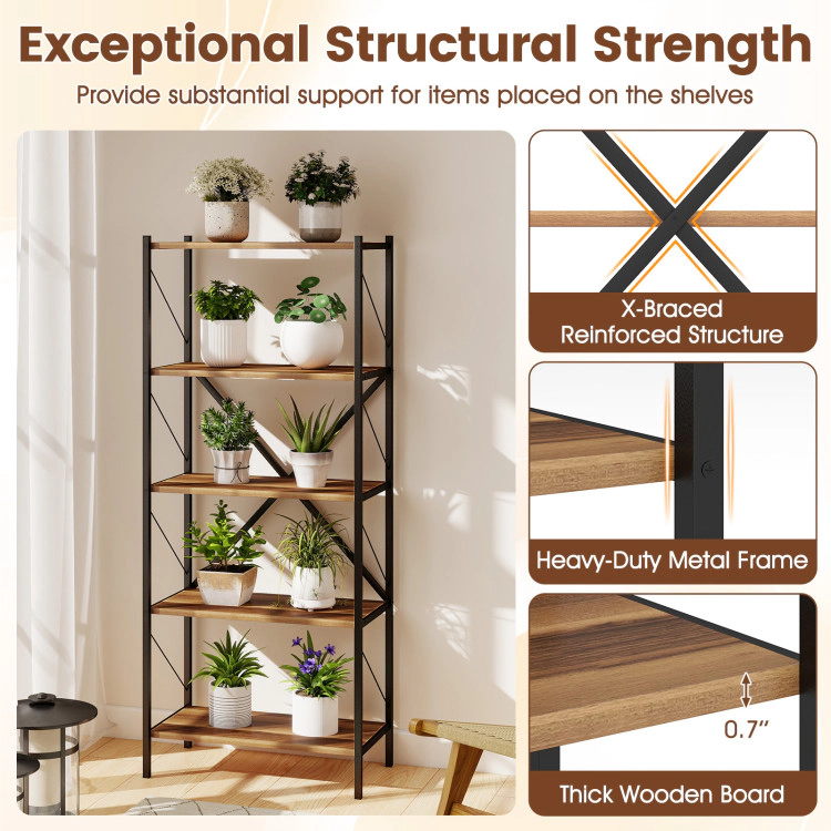 Hivvago 5-Tier Tall Bookshelf Industrial Bookcase with Heavy-Duty Metal Frame Modern Storage