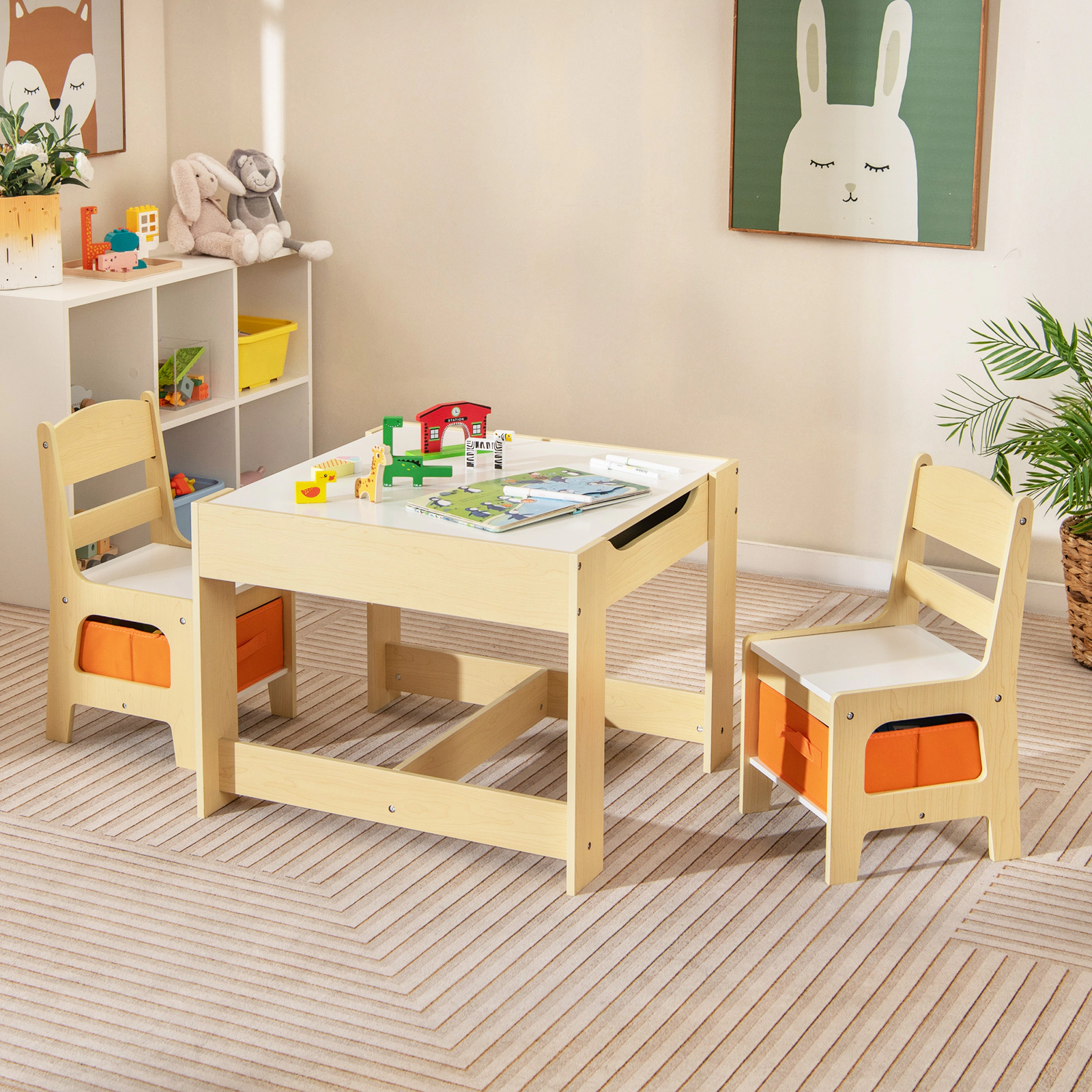 SUGIFT Kids Table and Chair Set, Reversible Blackboard and Whiteboard Top, 2 Drawers, Storage Box, Natural