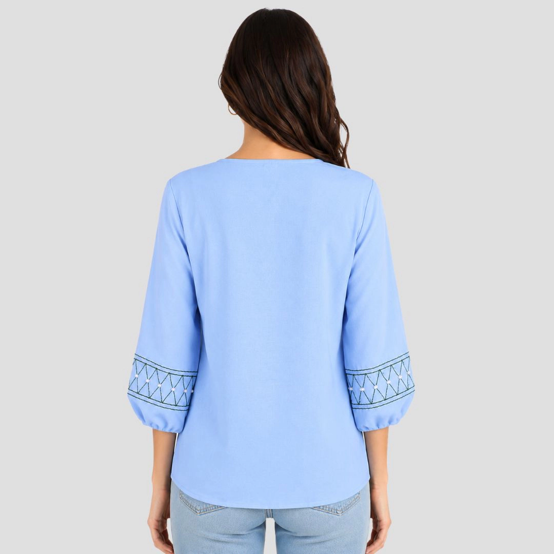Artyska Women's Linen V-Neck Embroidered Puffed 3/4th Sleeve Blouse Top