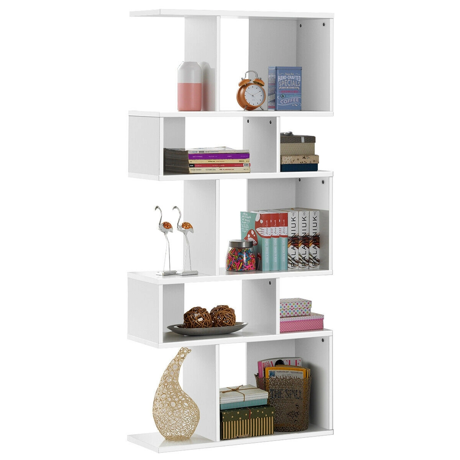 SUGIFT 5-Cube White Ladder Corner Bookshelf 70-in Tall Display Rack 31-in W 11-in D 44-lb Per Shelf