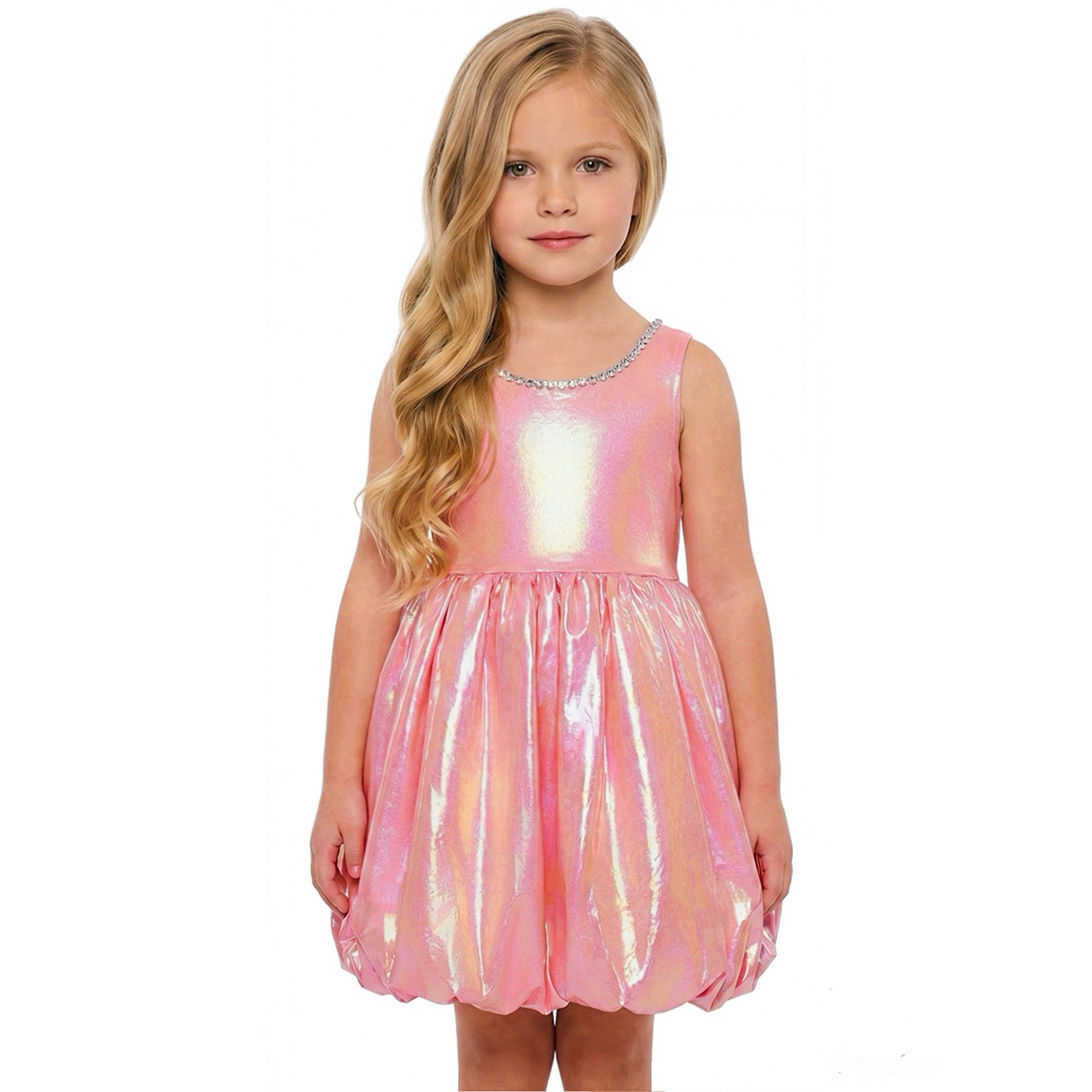 2Bunnies Girls 4T-10Y Iridescent Metallic Bubble Hem Sequin Neckline Party Dress