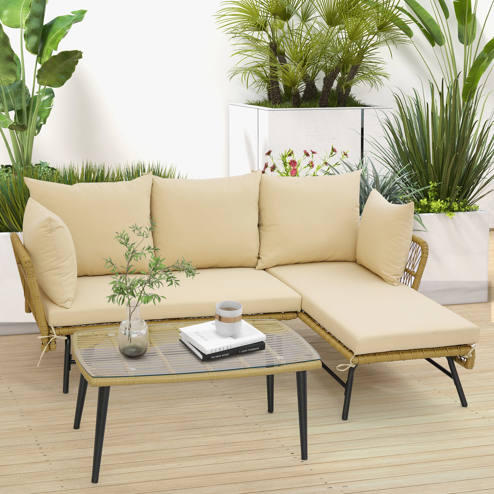 LJG 3 Pieces L-Shaped Patio Sofa with Cushions and Tempered Glass Table