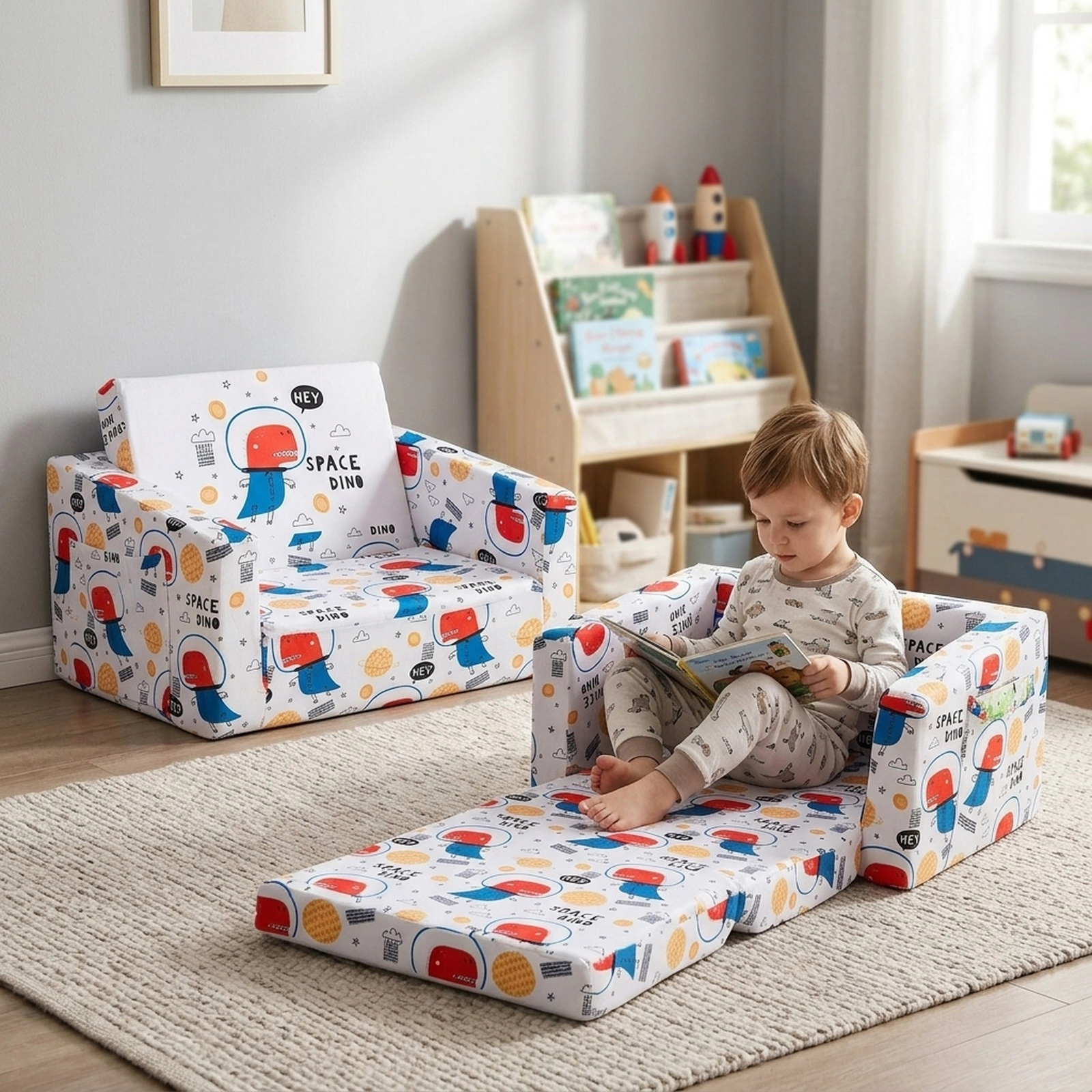SUGIFT Convertible Toddler Sofa Sleeper, Velvet Chair with Storage Pockets, White