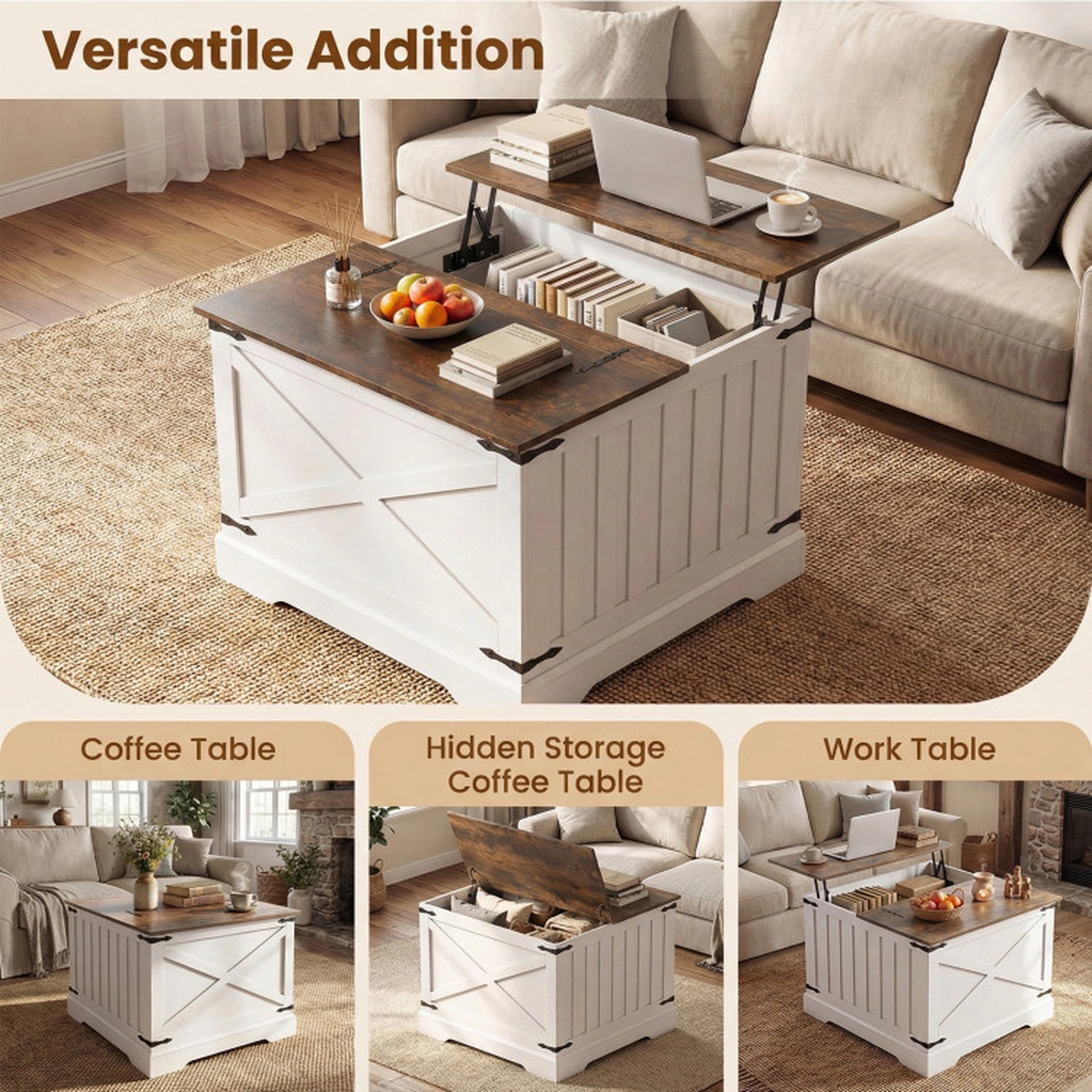 SUGIFT Farmhouse Lift Top Coffee Table with Hidden Storage Compartment Rustic Brown