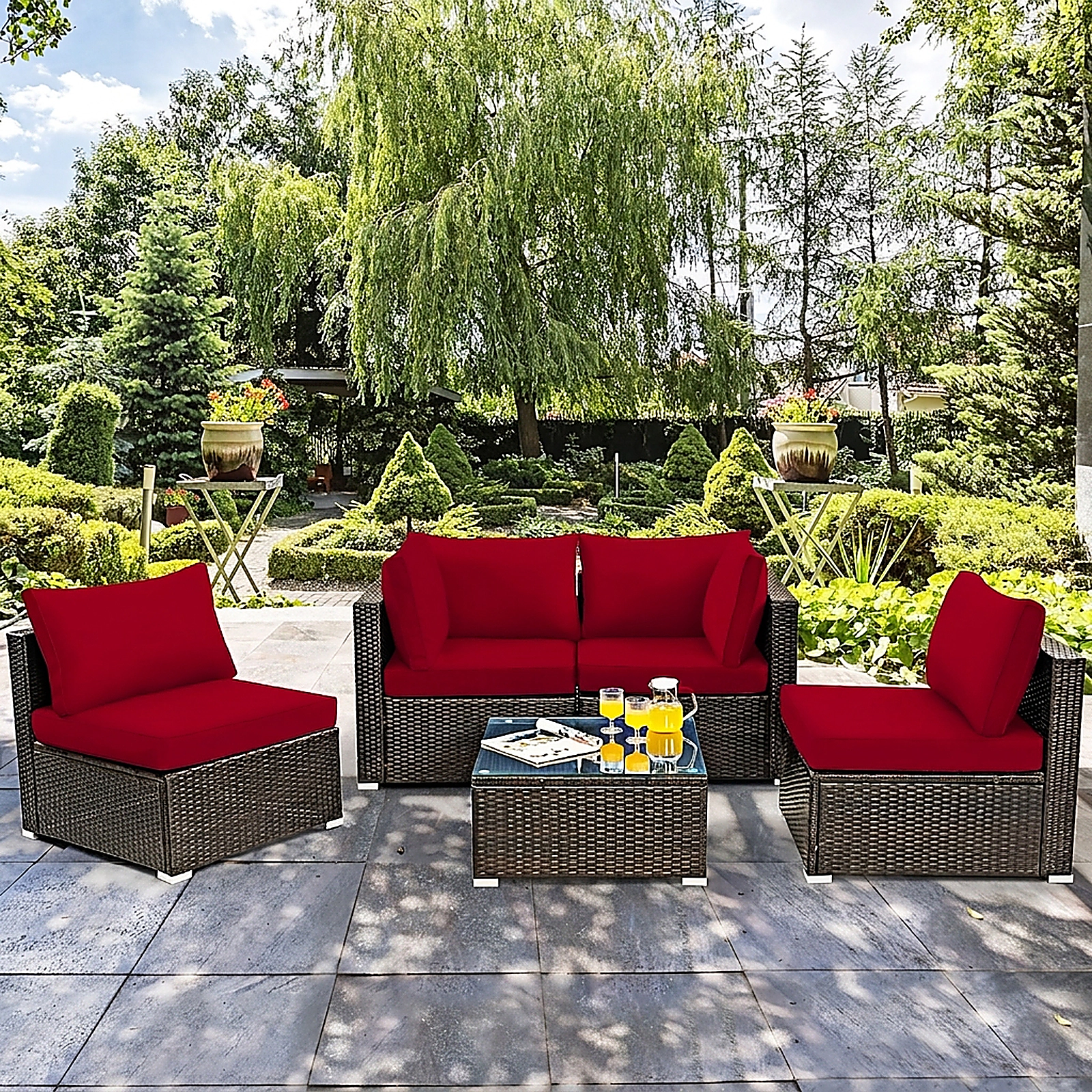 SUGIFT 5-Piece Red PE Rattan Patio Sectional Set with Glass Table