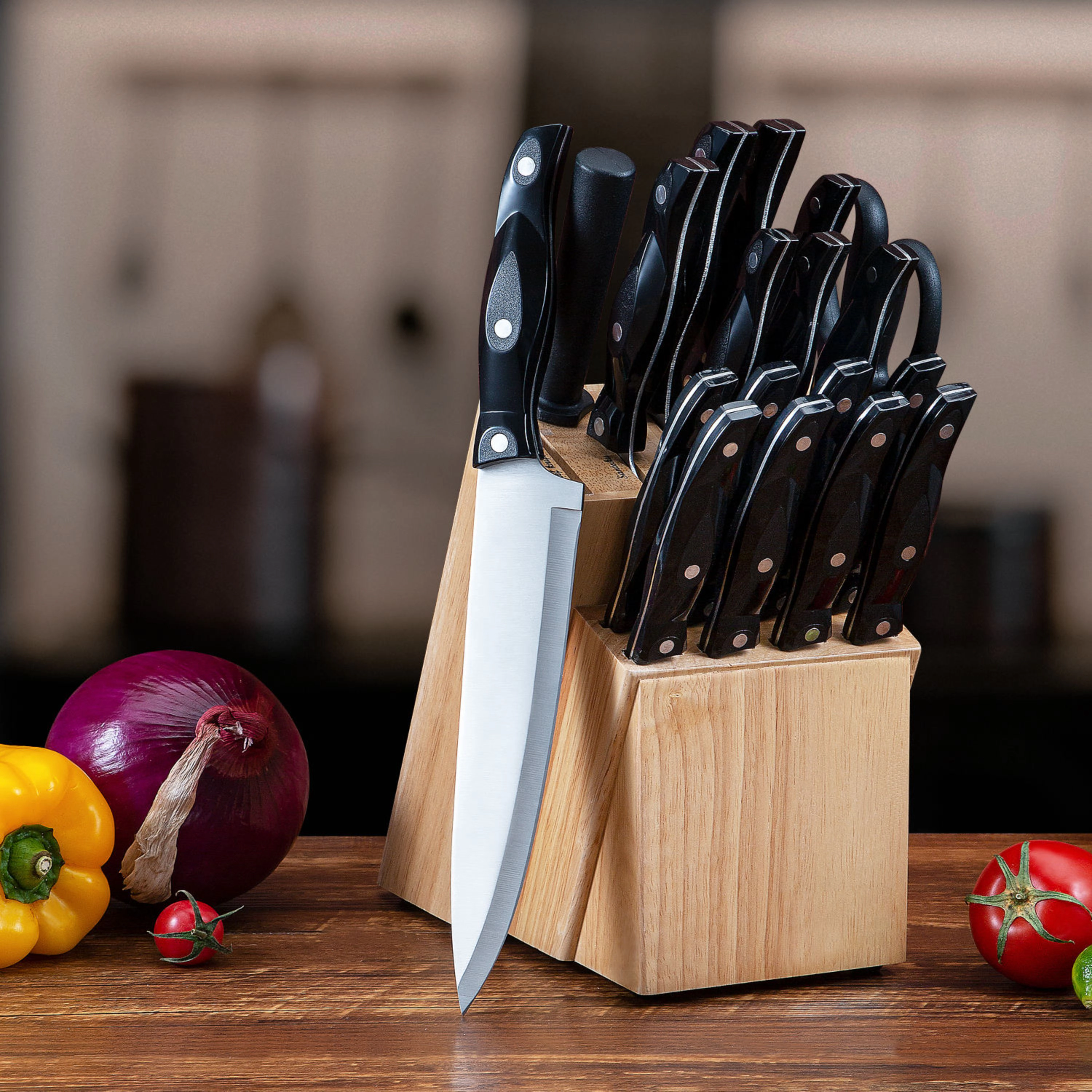Kitcheniva 19-Piece Stainless Steel Knife Set With Oak Wood Block & ABS Handles