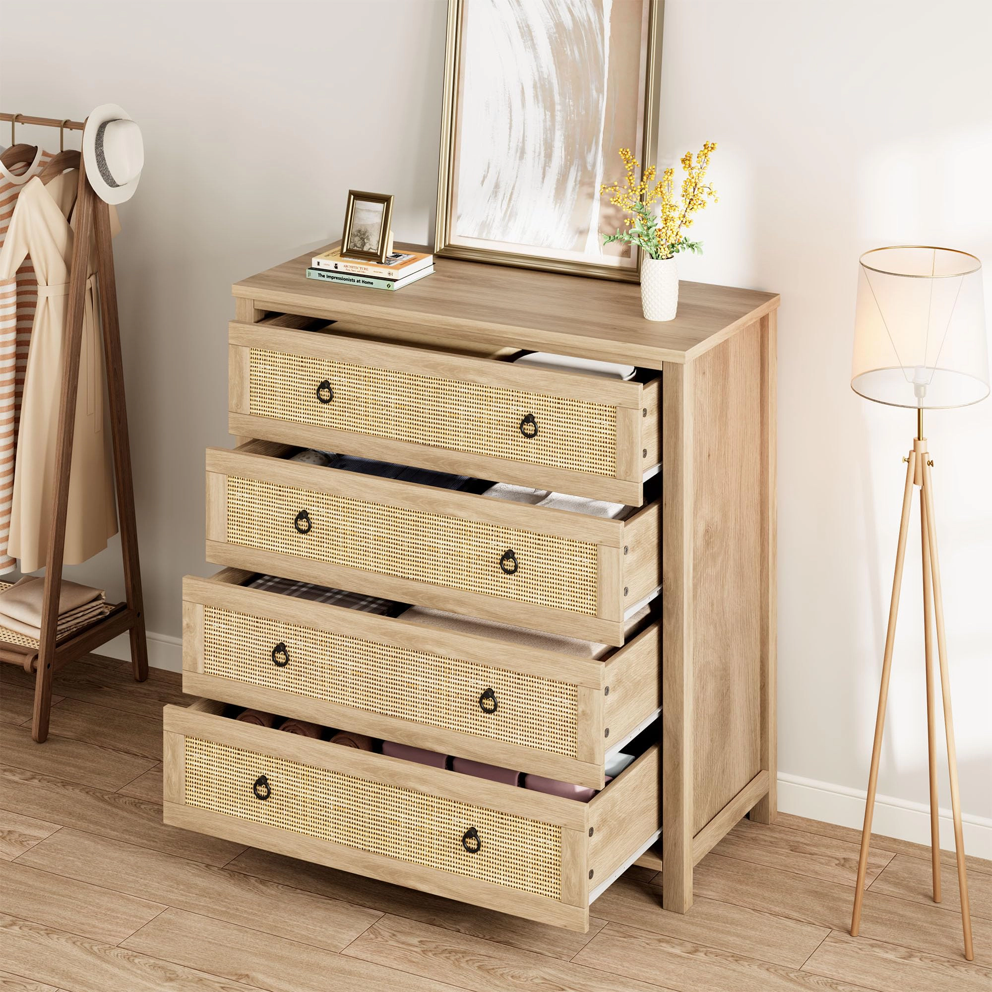Rattan 4 Drawer Dresser, 37" Tall Wooden Storage Chest for Bedroom Living Room Hallway