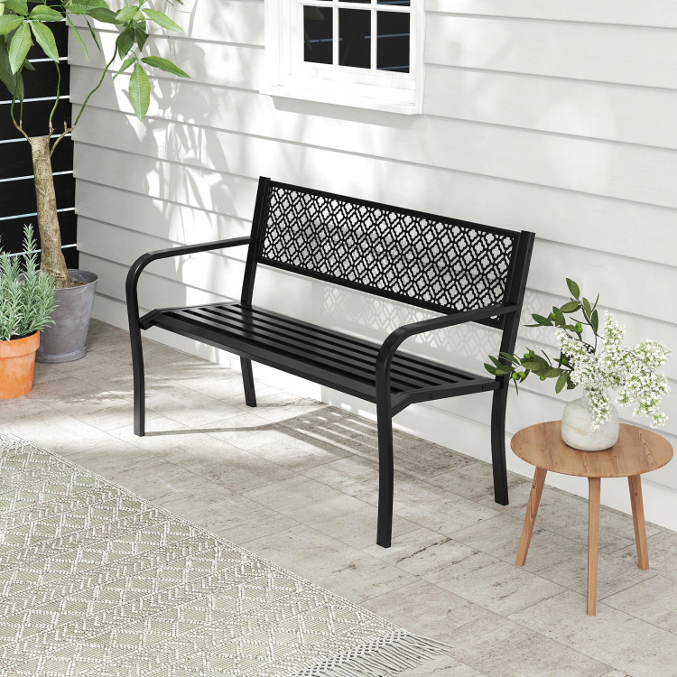 Hivvago 50 Inches Outdoor Garden Bench With Geometric Lattice Backrest And Slatted Seat
