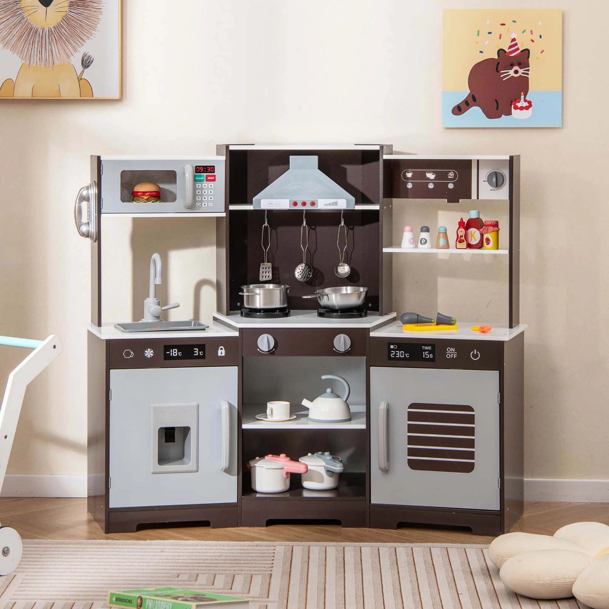 Costway Pretend Play Kitchen for Kids Toddler Aged 3+ Wooden Toy Set with Range Hood Brown