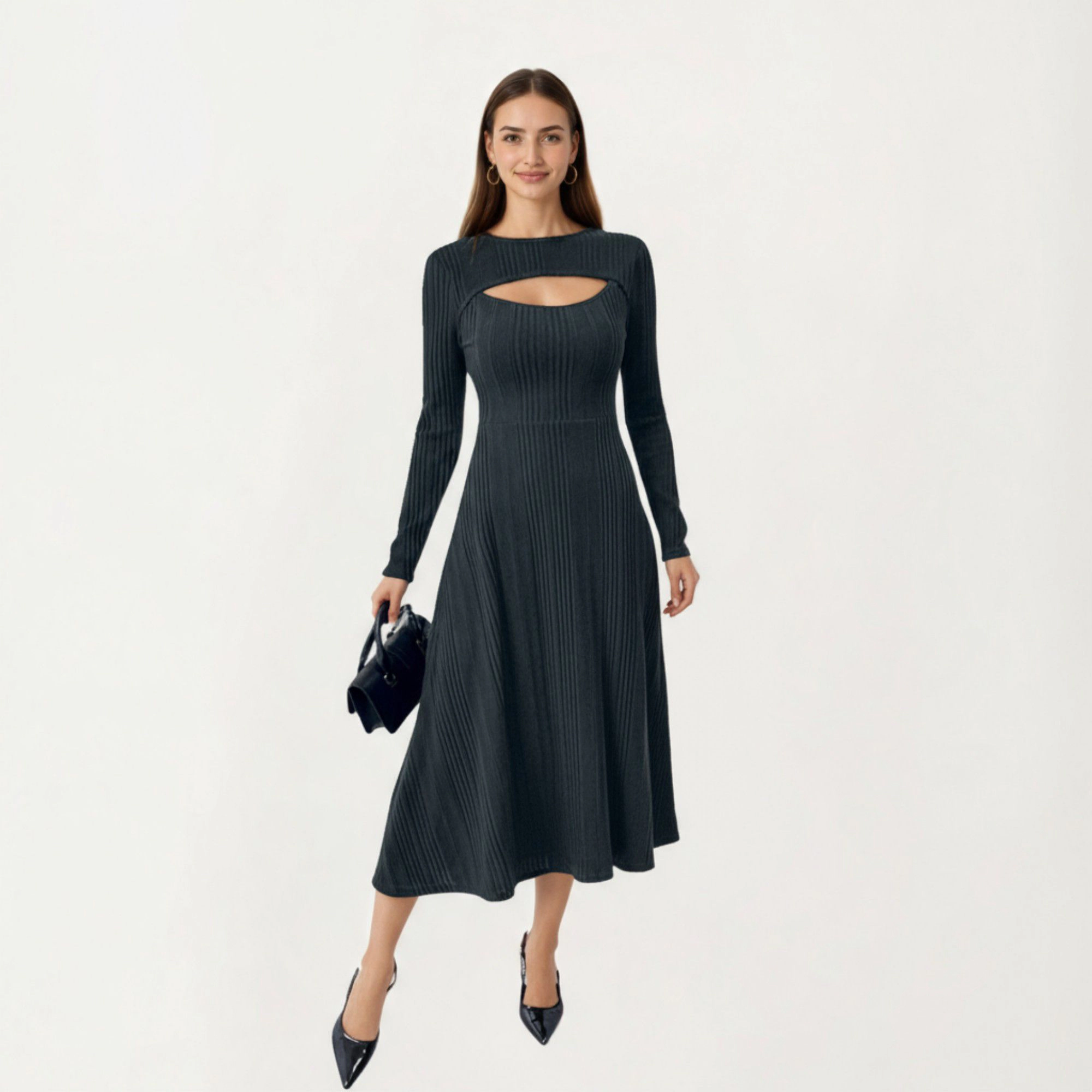 Anna-Kaci Women's Long Sleeve Ribbed Knit Midi Dress with Cutout Neckline Detail