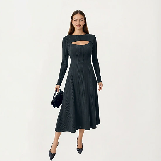 Anna-Kaci Women's Long Sleeve Ribbed Knit Midi Dress with Cutout Neckline Detail