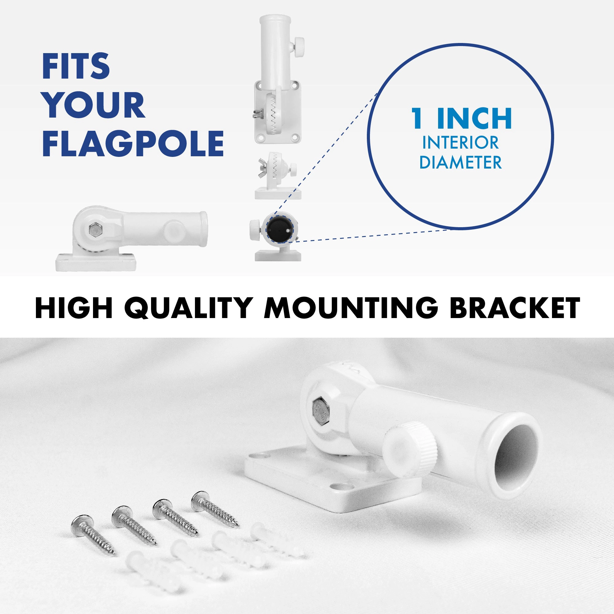 G128 Adjustable 11-Position Cast Aluminum Flagpole Mounting Bracket with Hardware, Fits 1" Pole, White