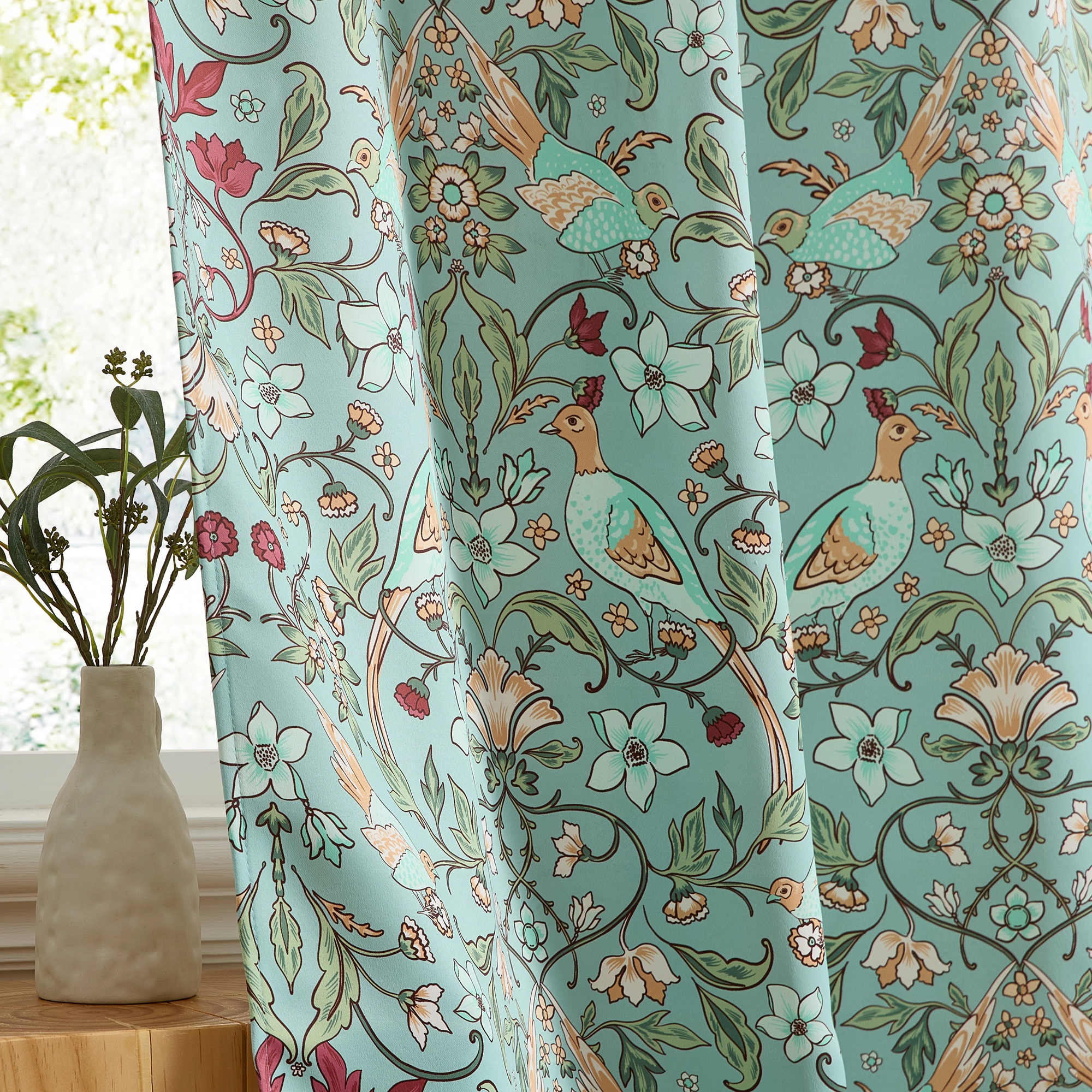 HLC.ME Florence Floral & Birds Patterned Window Back Tab Rod Pocket - Light Blocking Darkening Curtains, Set of 2