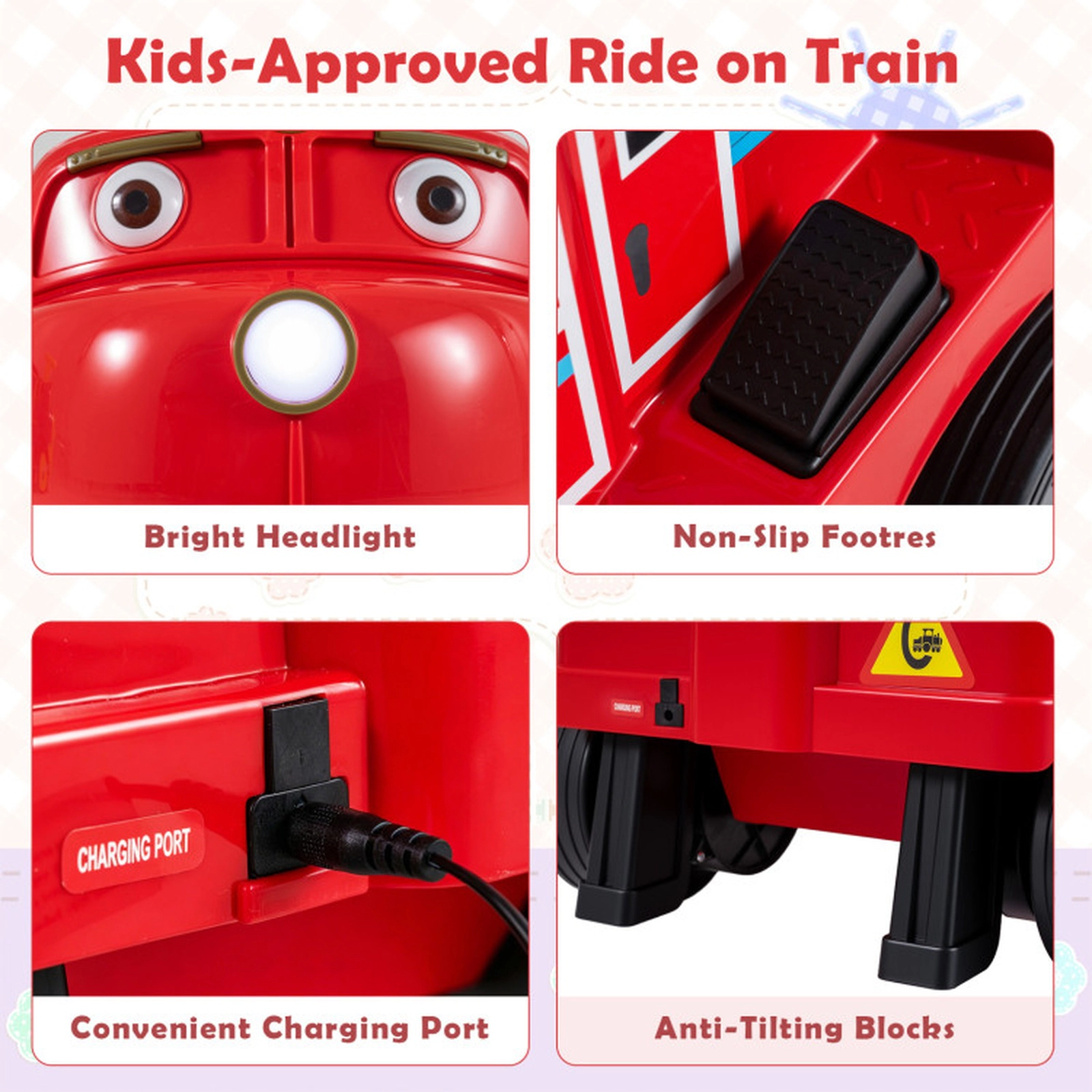 SUGIFT 12V 3-Seater Ride-On Train with Detachable Carriage 132-lb Seat Capacity Ages 3+ Yellow & Blue/Red & Black