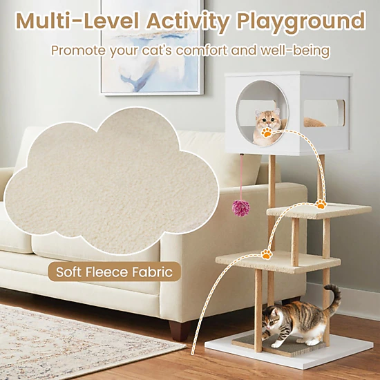 SUGIFT 40-in Tall Wood Cat Tree Tower with 2 Cardboard Cat Scratchers 2-Door Condo and Rubber Wood Poles