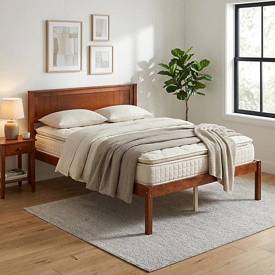 SUGIFT Full Platform Bed Frame, Walnut Wood Headboard, 16-Inch Footboard
