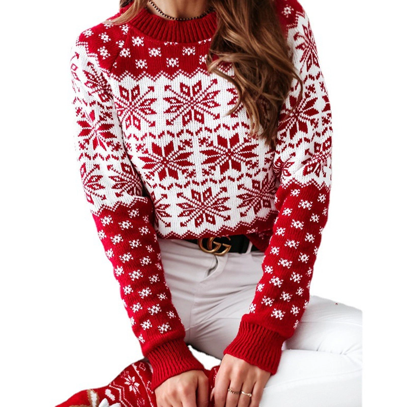 KOJOOIN Christmas Sweater for Women Funny Xmas Nordic Winter Knit Pullover Top Snowflake Print Ugly